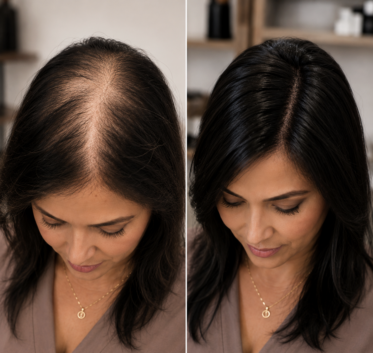 woman's before and after wearing a hair topper, showing fuller natural hair coverage