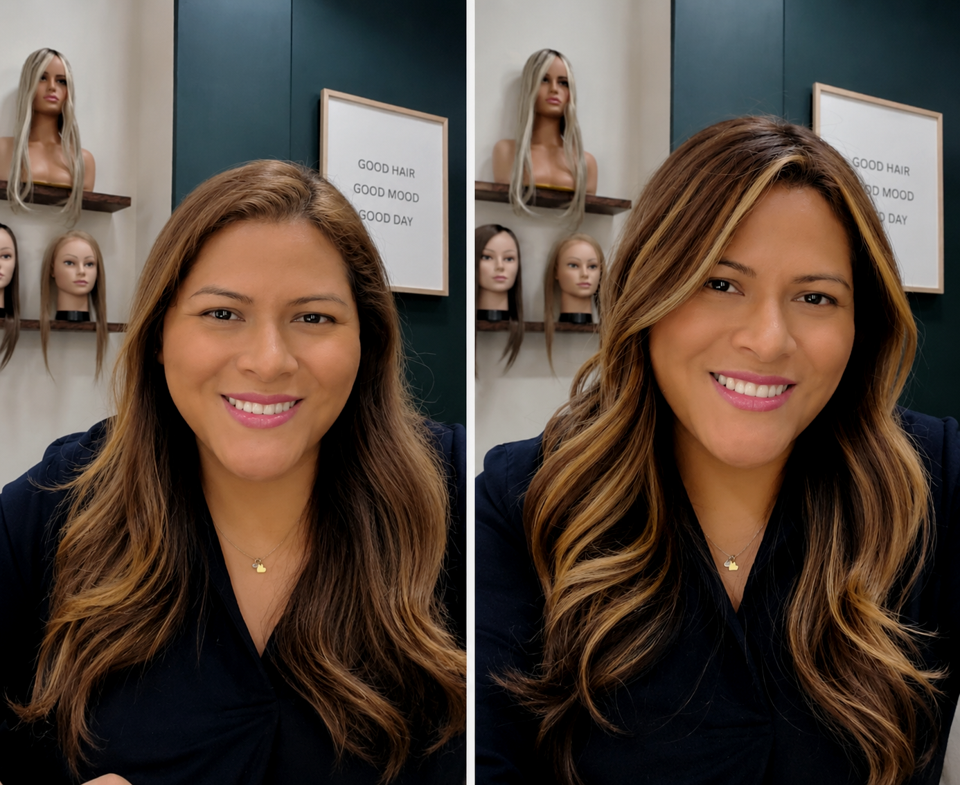 Before and after portrait showcasing hair topper with dimensional caramel highlights and soft waves at Q&A hair studio in Moorestown, New Jersey.