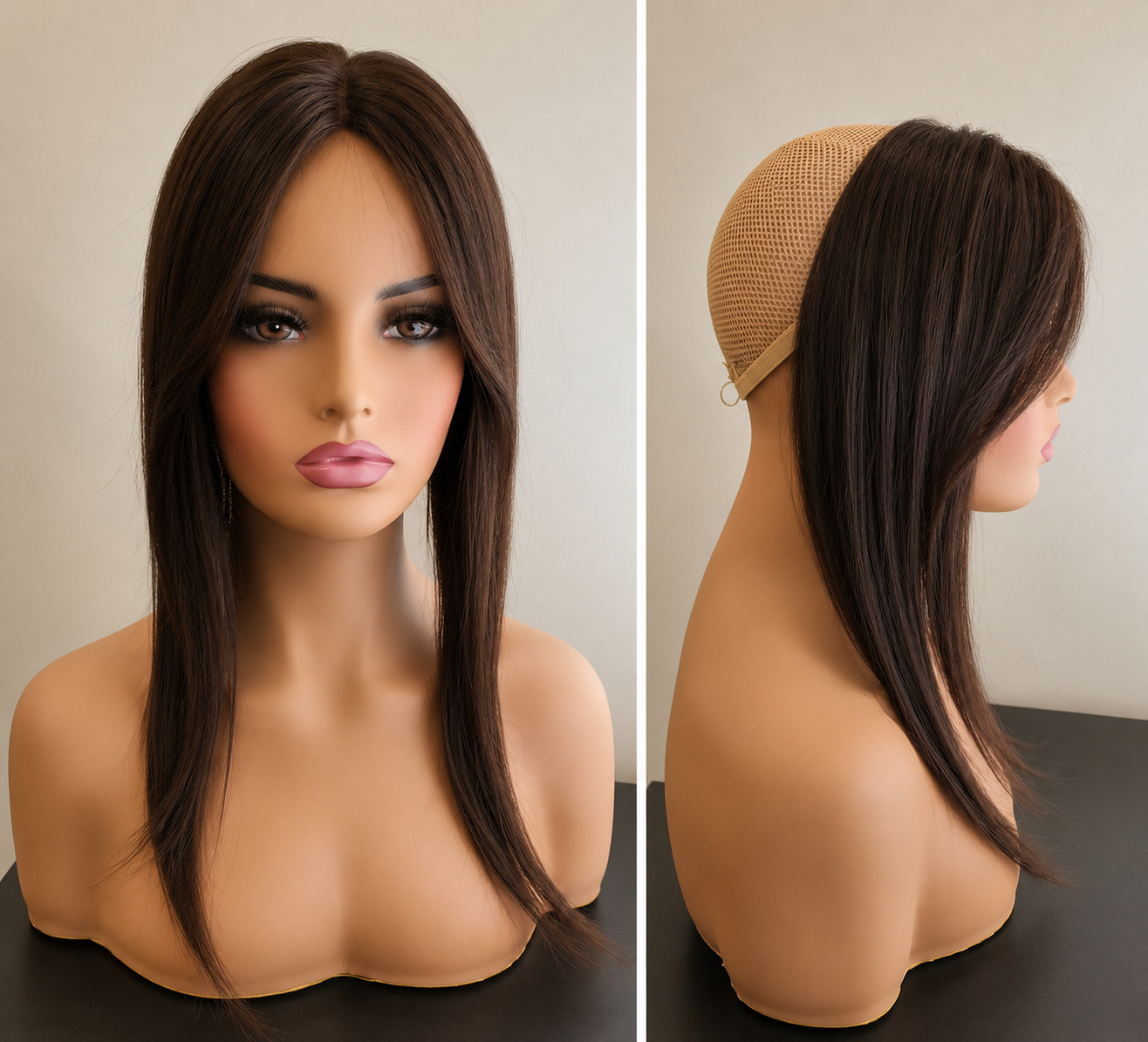 brunette hair topper displaying front and side, showcasing realistic density, & natural movement.