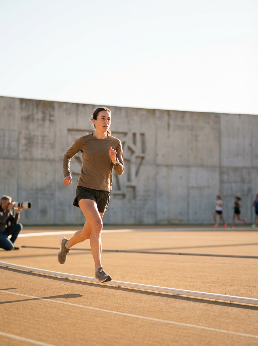 A woman runs on a track while a photographer captures her with a camera. In the background, two other runners are visible near a concrete wall during the daytime.