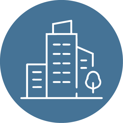 Outline drawing of three buildings with a tree, on a circular blue background.