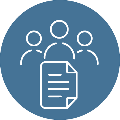Icon of three people with a document in front of them, representing teamwork or collaboration.