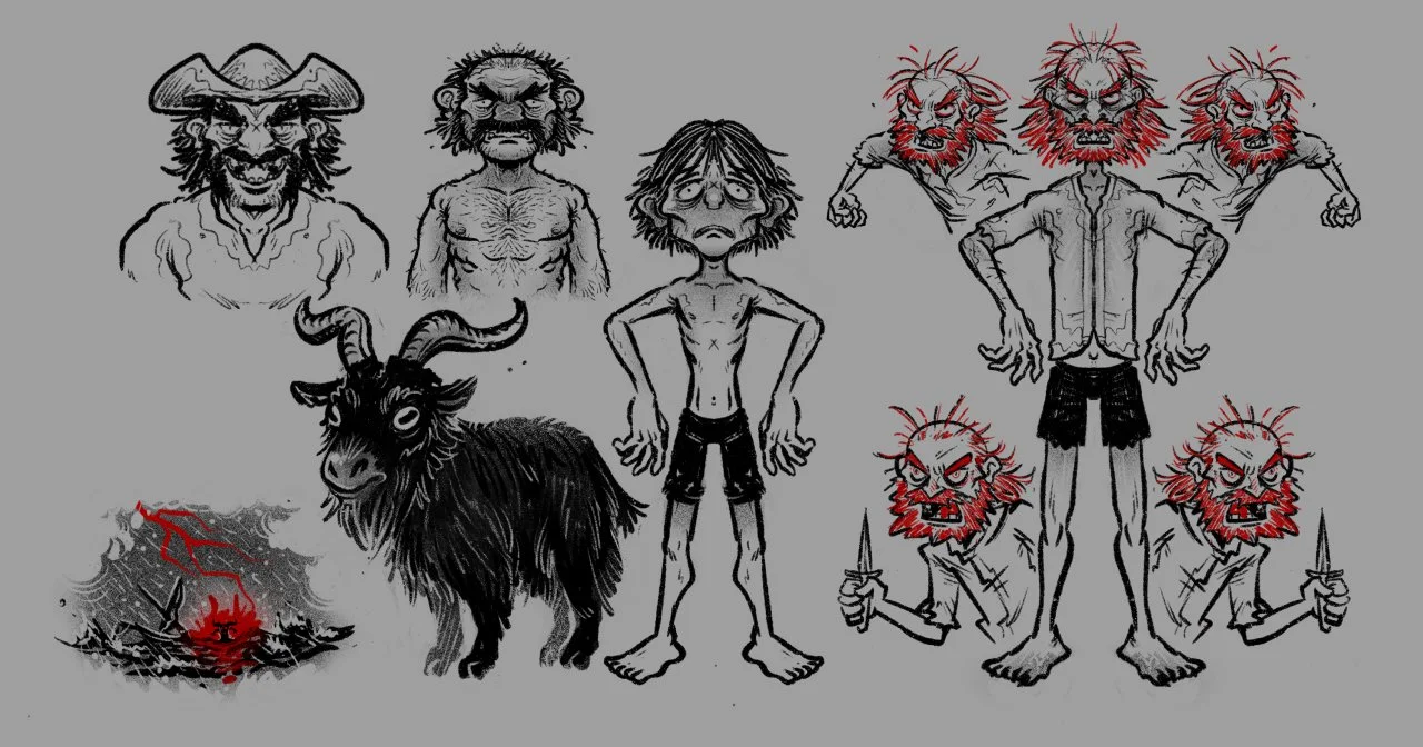 A collection of digital sketches of mythical and fantasy characters, including a pirate with a hat, a muscular troll, a distressed human with glasses, multiple angry lion-headed beings with red beards, a black goat with large horns, and a small omino
