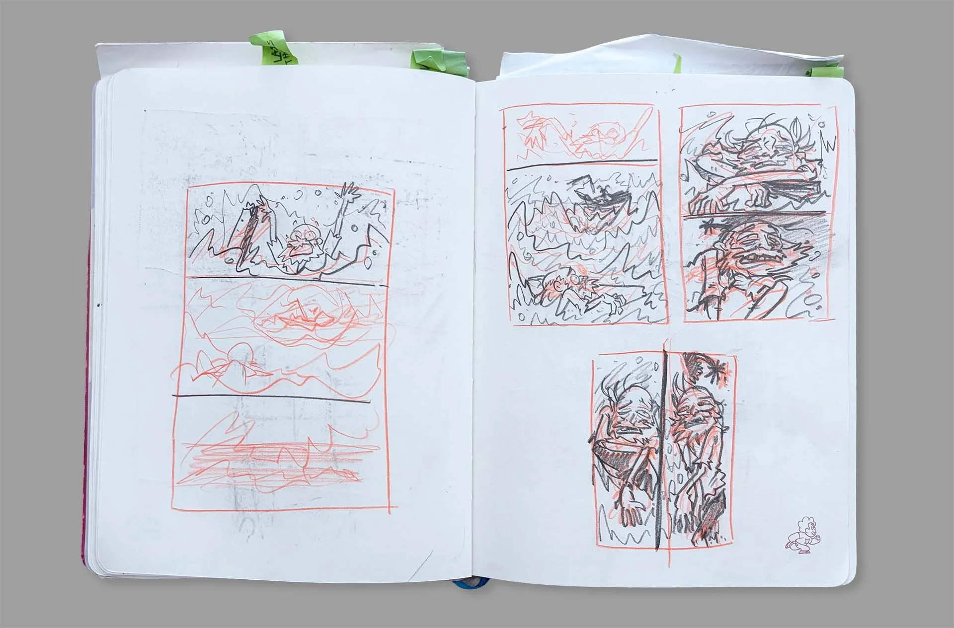 Page layout explorations. I first worked through the story as I imagined it, creating rough illustrations based on the written script. This stage was quick and loose, but it defined most of the action on each page. From there, I refined the layouts, 
