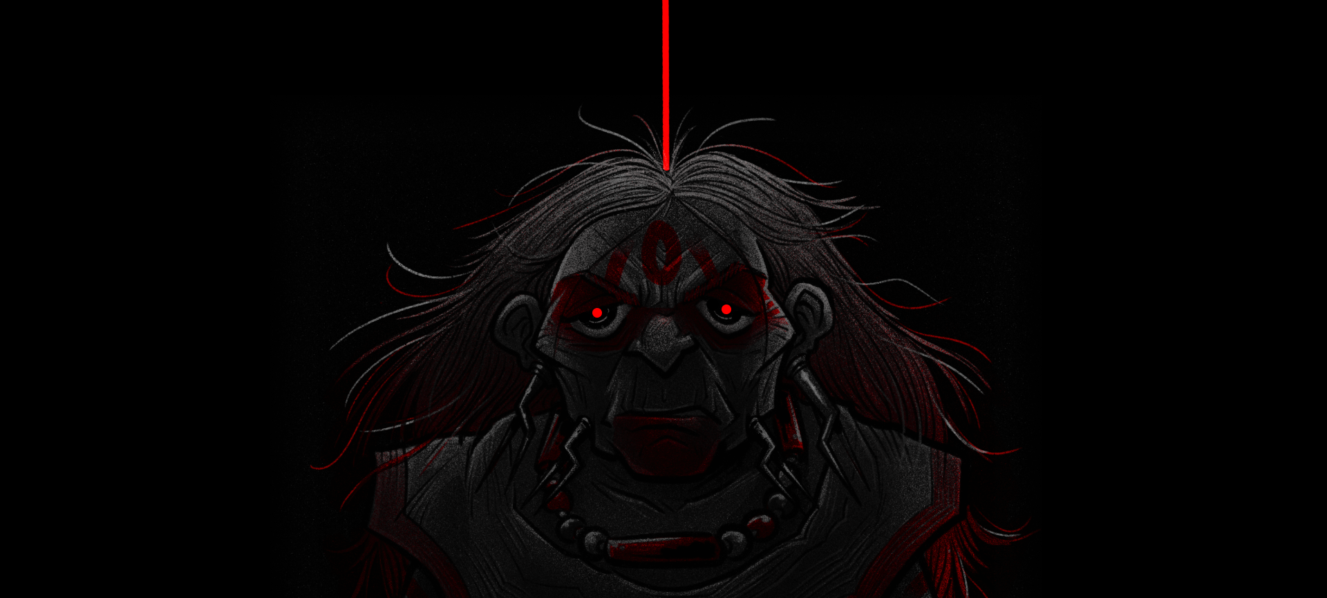 A dark illustration of a woman with long, disheveled hair, glowing red eyes, and tribal face paint, with a red line extending downward from her forehead.