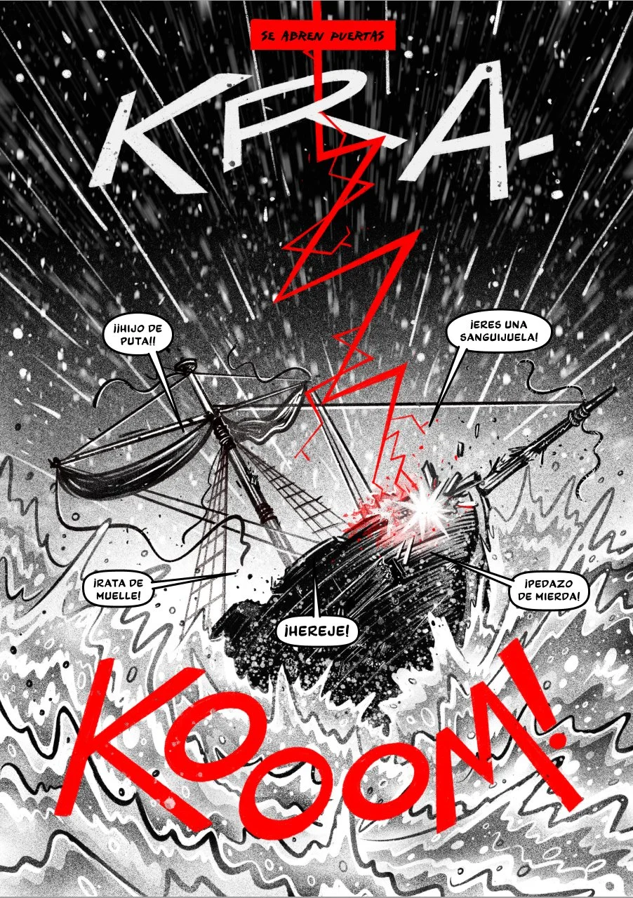 An illustration of a ship crashing in a stormy sea during a thunderstorm with lightning, rain, and sound effects, including overlaid speech bubbles and red text, depicting chaos and violence.