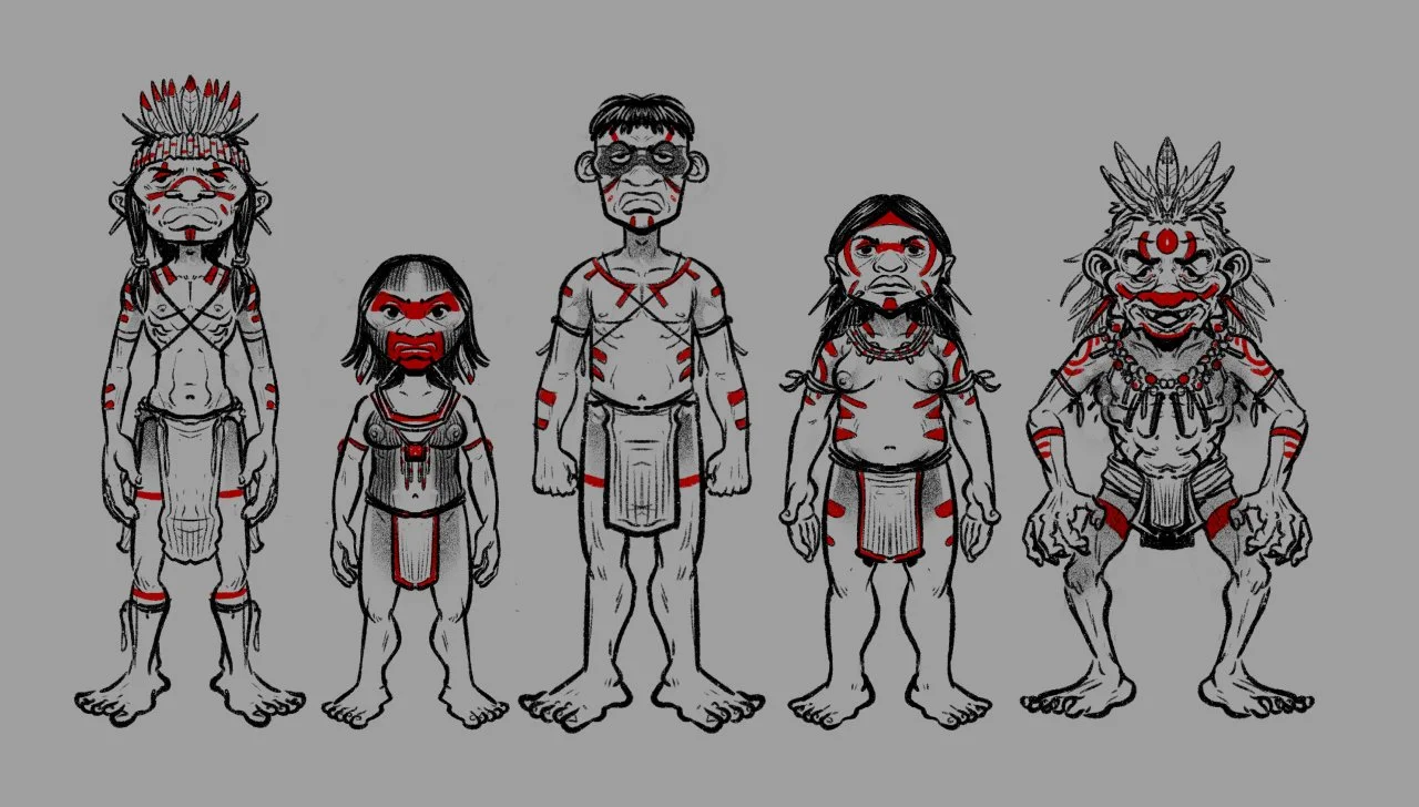 Drawing of five tribal or fantasy characters with exaggerated features, tattoos, and traditional accessories, standing in a row against a gray background.