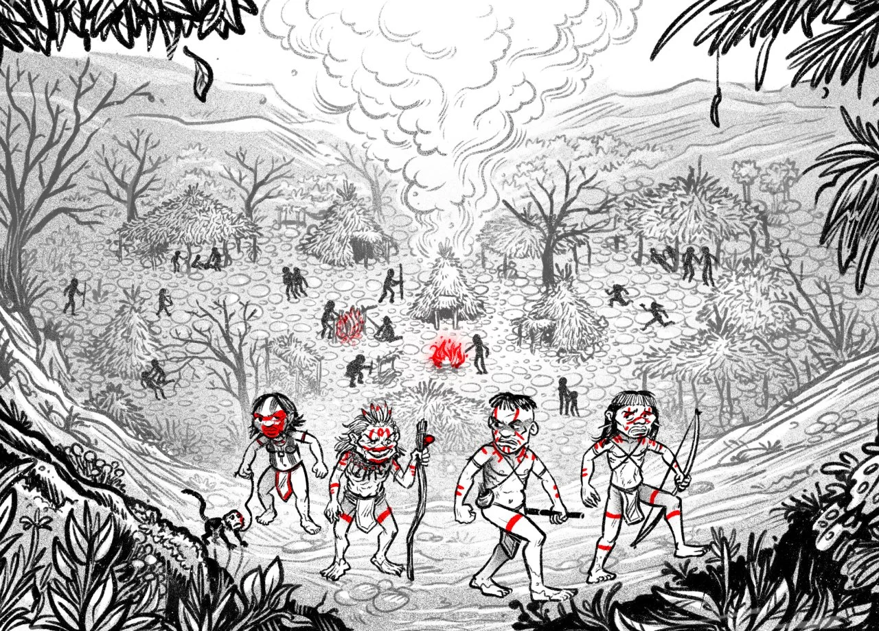 Illustration of a prehistoric scene featuring cavemen with red markings on their bodies, carrying spears, walking through a forest with other cavemen in the background, some near fires and engaging in various activities, with trees and hills in the b