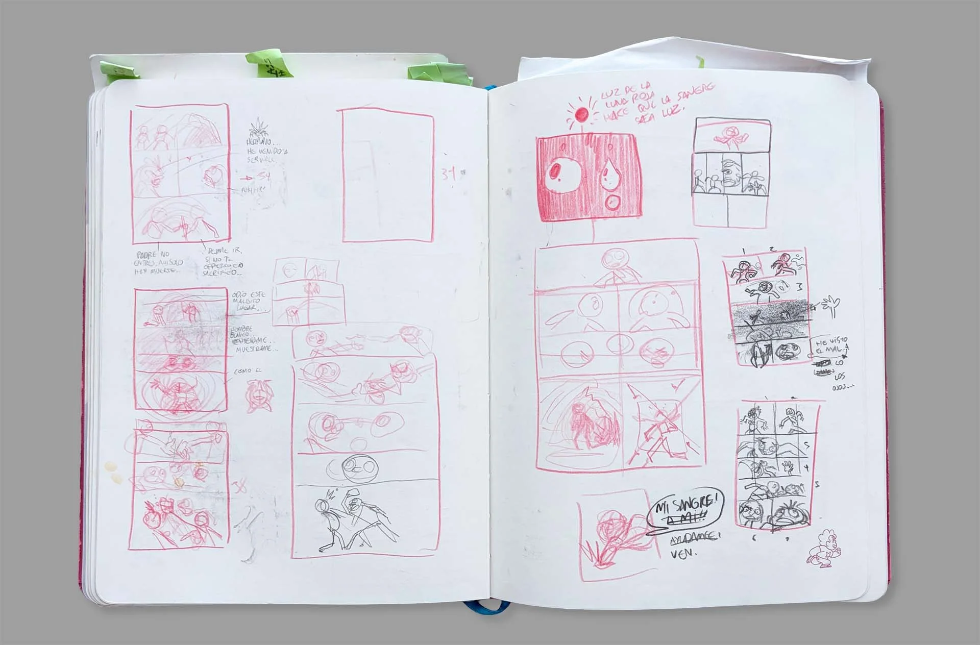 Page layouts with key dialogue. Sometimes I wasn’t satisfied with the initial layout, or I had to adapt the story to reflect earlier changes. This is what those revisions looked like before moving on to the final page.