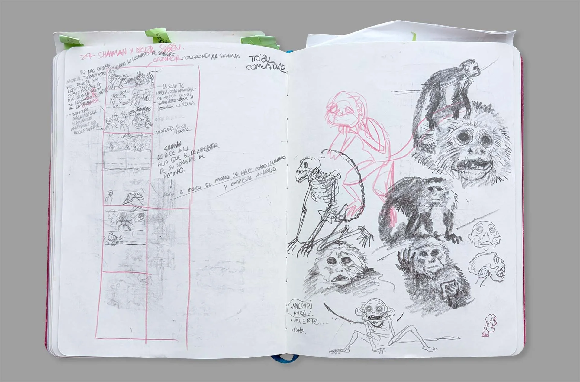 Here are the initial loose layouts, featuring basic scene illustrations, panel compositions, and key dialogue. Some of the characters are based on real animals, so before adapting them to my style, I like to do some homework by studying reference ima