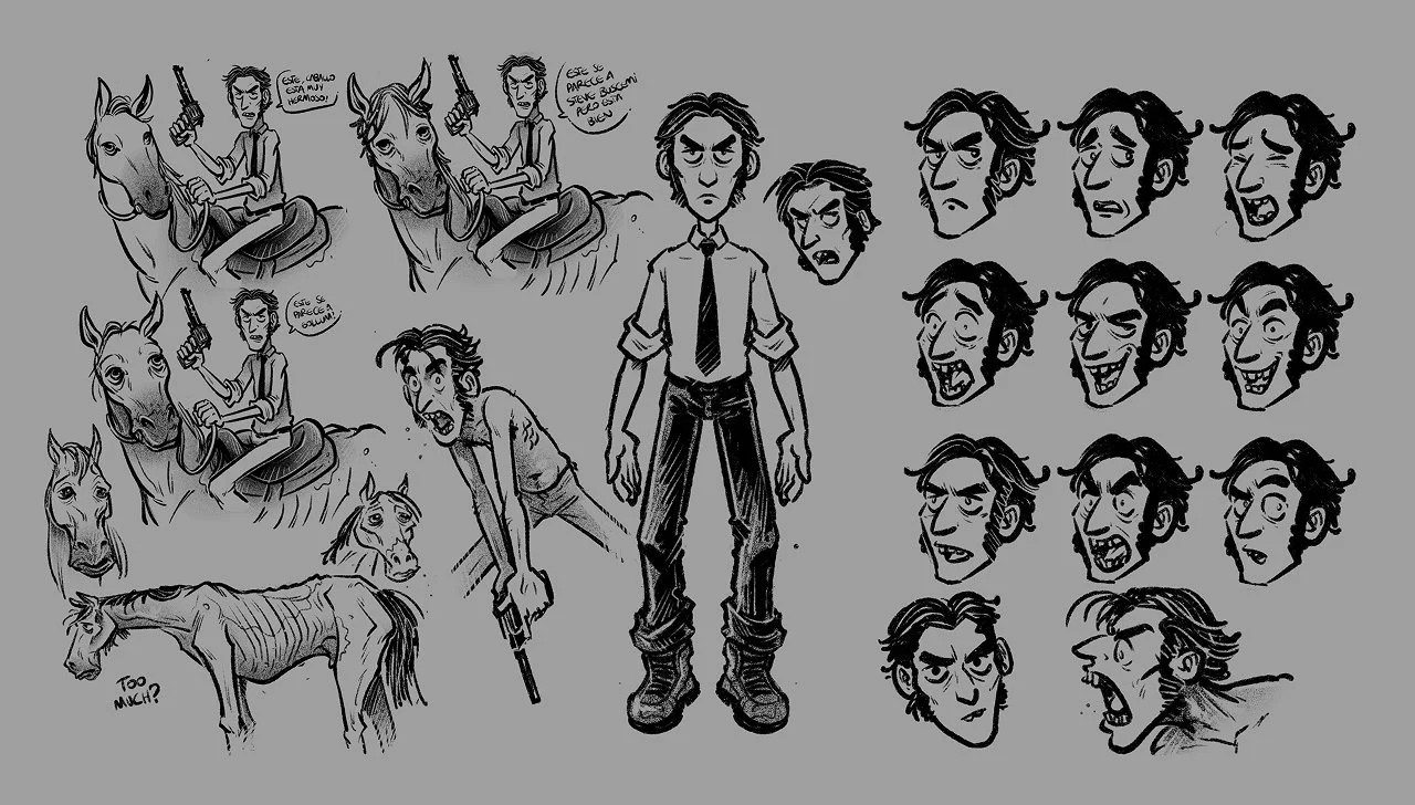 Black-and-white comic-style character expressions and sketches of a man with a gun, a horse with a skinny appearance, and a horse head, with various facial expressions and a central full-body drawing of a man in a shirt and tie.