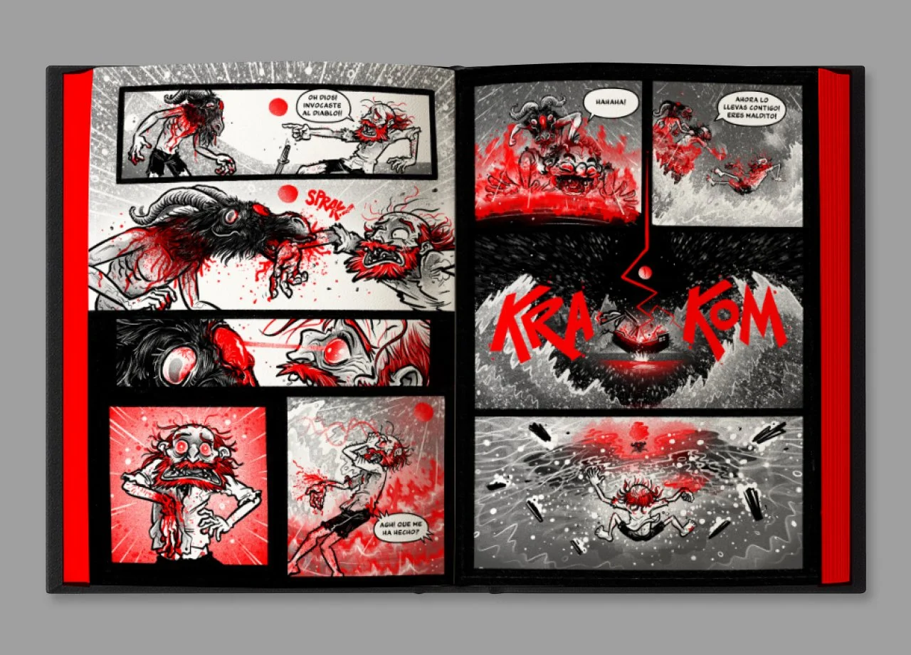 Comic book page depicting a chaotic battle scene between a devil and a goat, with exaggerated expressions, red accents, and onomatopoeic sounds like 'KRAKOM' and 'SPRANG.'