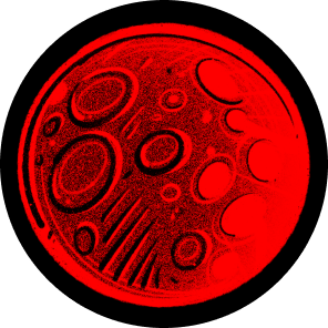 A red-tinted illustration of a celestial body with various craters and circular features, resembling a stylized moon or planet.