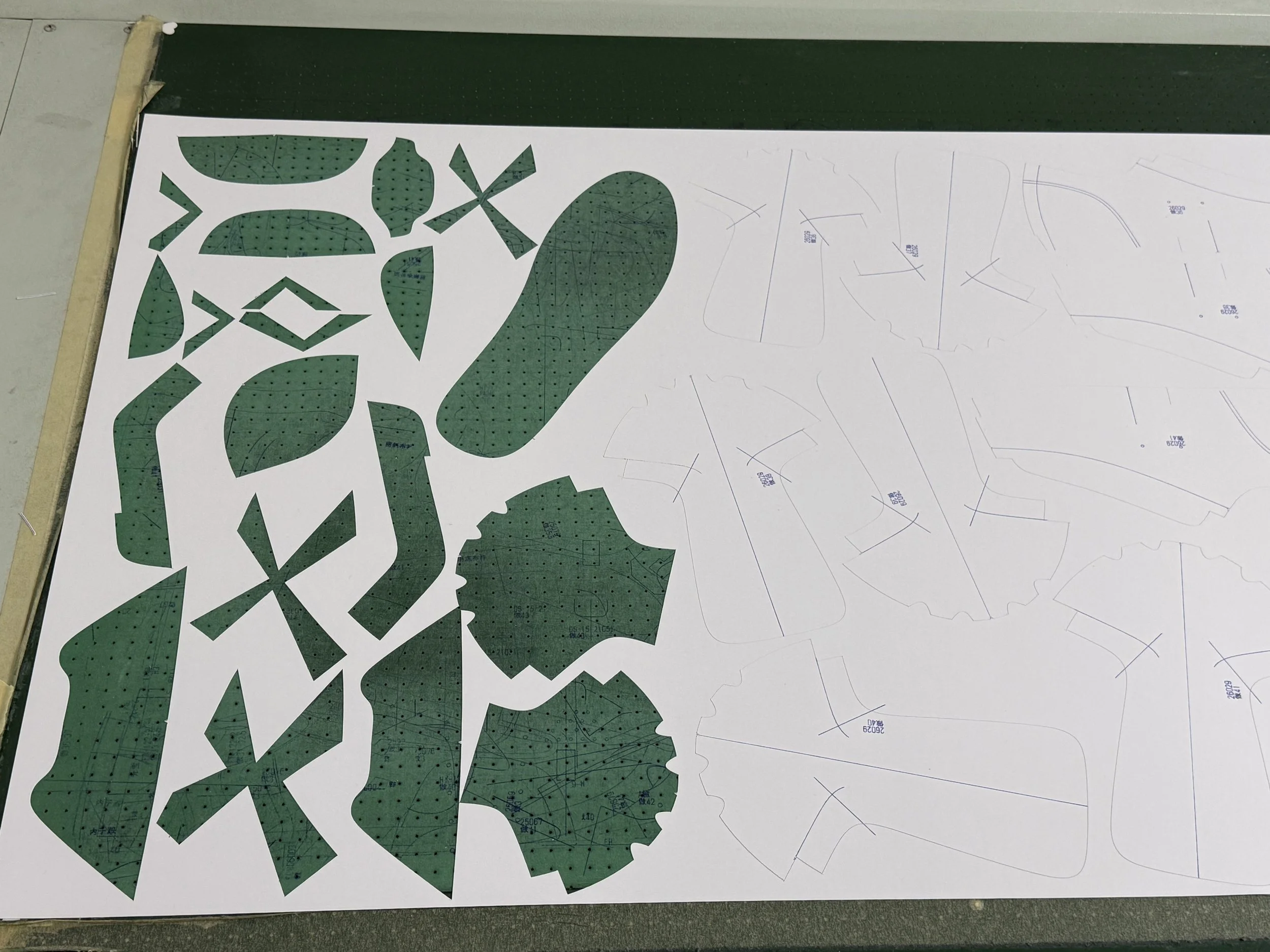 A design stencil with various cut-out shapes, laid over a green cutting mat with white paper underneath. The stencil includes geometric and organic shapes.