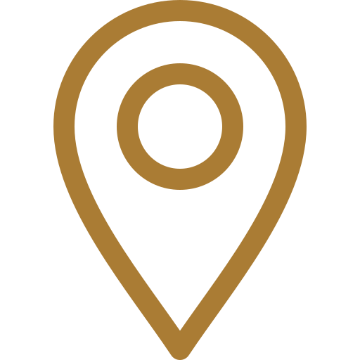 A brown outlined map location pin icon on a black background.