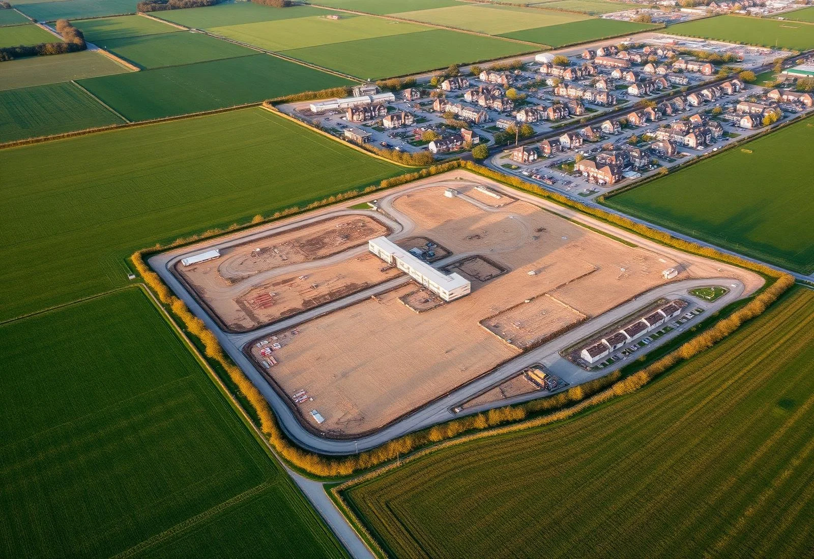 Aerial view of a construction site surrounded by green fields, with a residential area of houses nearby.