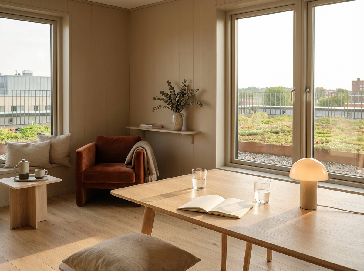Bright living room with large windows, a brown armchair, a small side table with two cups and a teapot, a sofa with pillows, a wooden dining table with an open book, two glasses of water, and a mushroom-shaped table lamp.