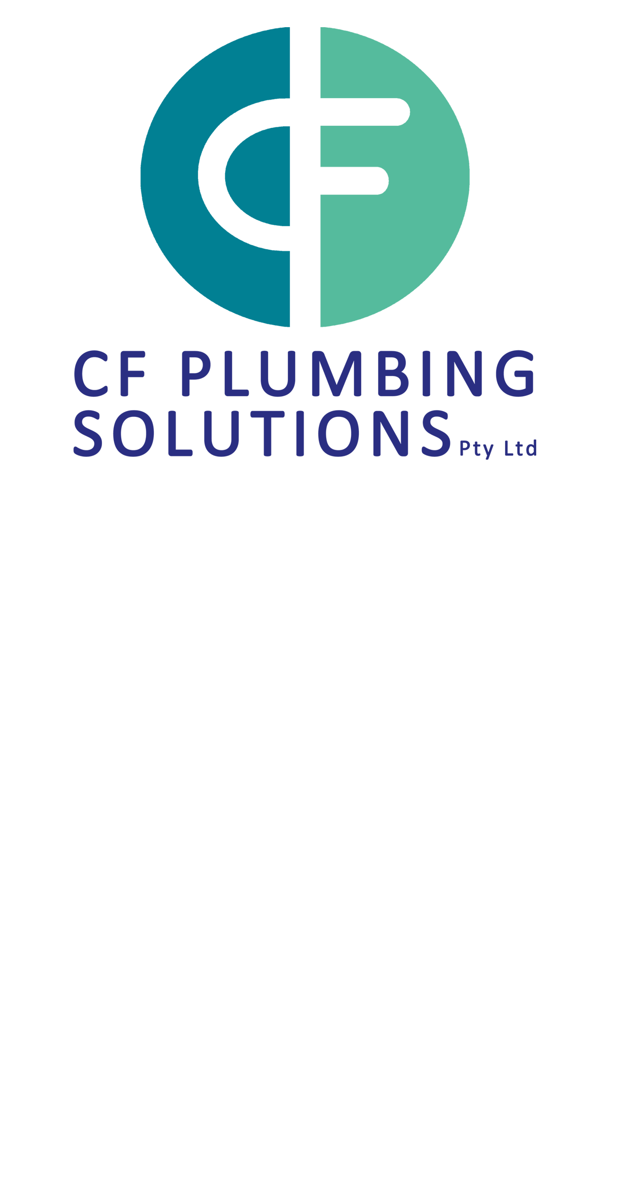 Logo of CF Plumbing Solutions, featuring a circular design with a stylized 'C' and 'F', in teal and dark blue colors, with the company name beneath.