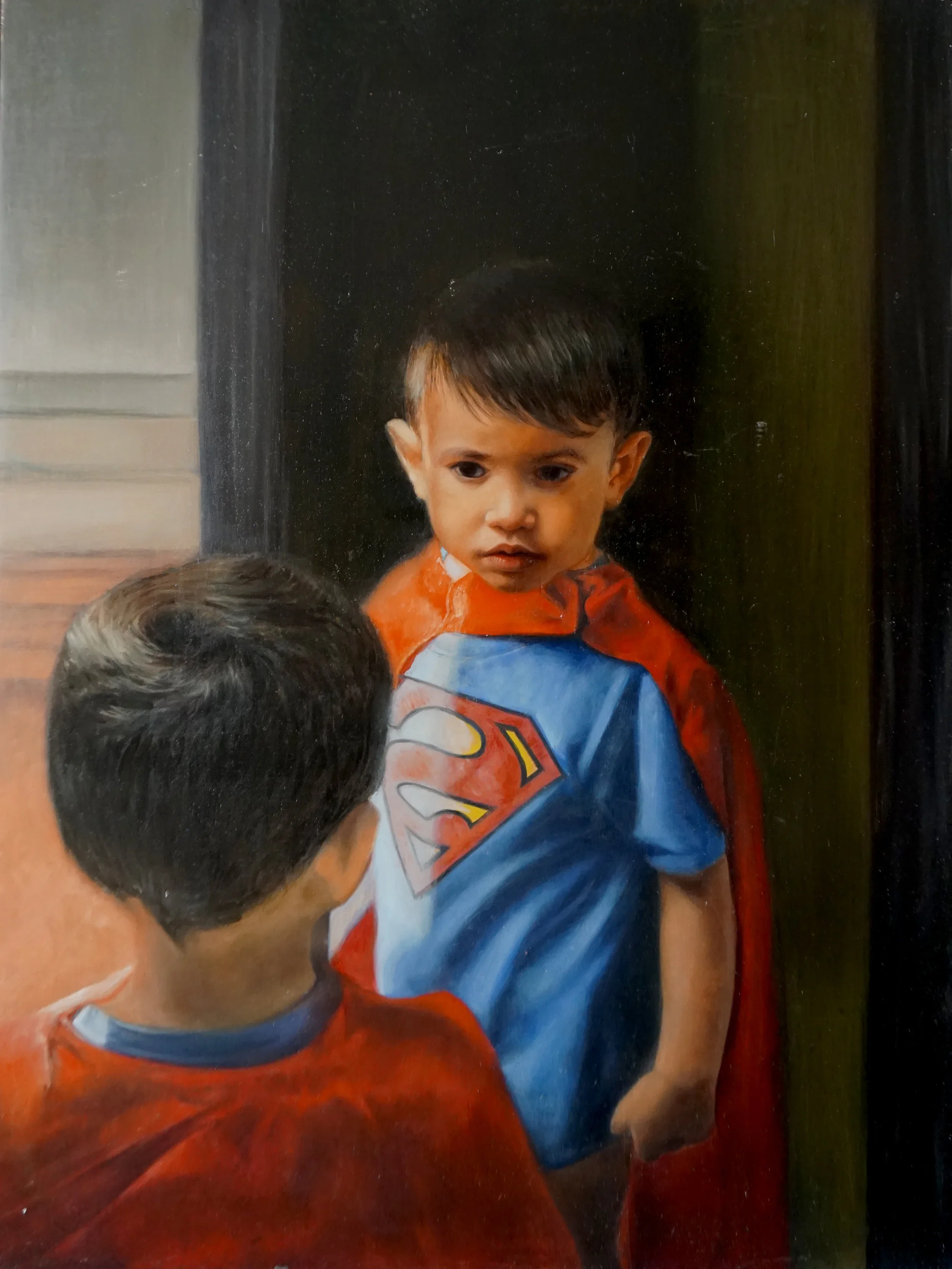 A painting of two young boys, one with dark hair and the other with gray hair, wearing Superman-themed clothing, standing close together in an indoor setting.