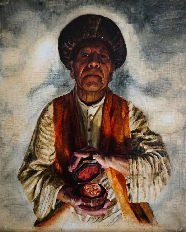 A painting of an elderly man with dark hair styled into a large pompadour, looking serious, holding an open jewelry box containing a ring, wearing a cream-colored traditional shirt with a red-orange scarf.