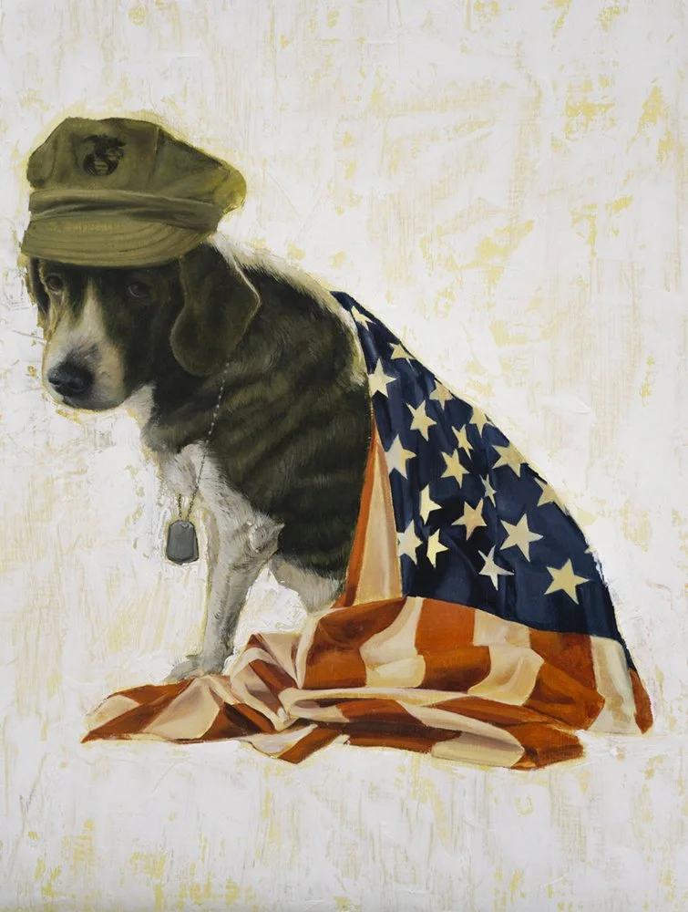A dog wearing a Marine military-style hat and an American flag draped around its shoulders, sitting against a light-colored background.