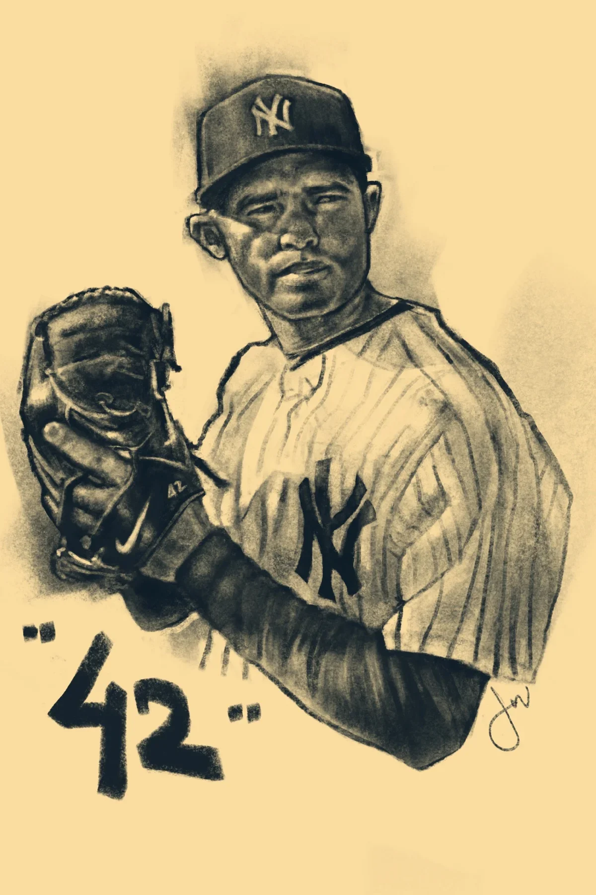 Sketch of Mariano Rivera wearing a baseball cap with the New York Yankees logo, holding a baseball glove, and dressed in a Yankees uniform with the number 42.