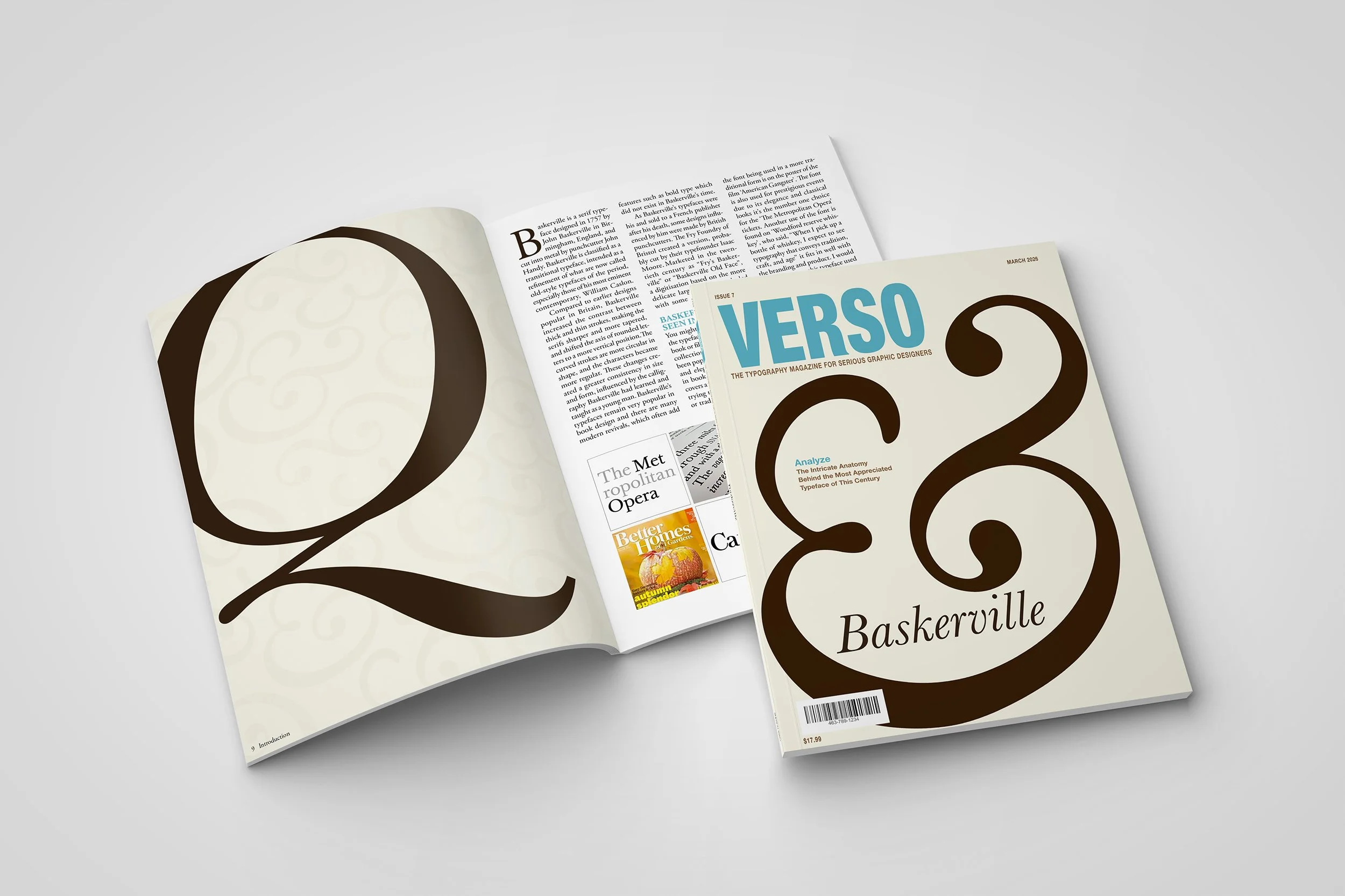 Open magazine and a closed magazine showing the cover titled 'Verso' with a large decorative ampersand. The  spread underneath the cover shows additional article pages going in depth on the background of the typeface Baskerville.