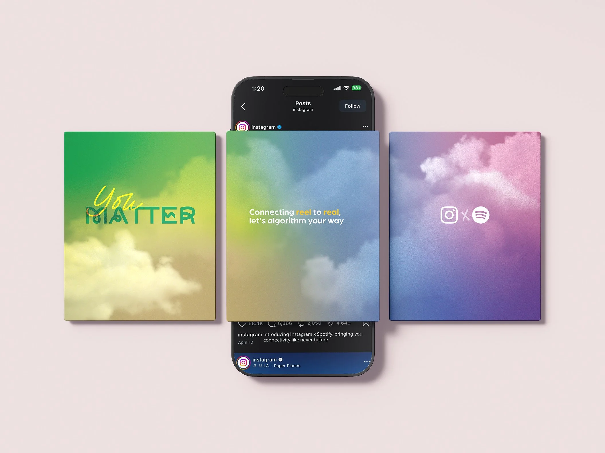 An iPhone displaying an Instagram profile page, with colorful background cards partially visible behind the phone on a light pink surface.