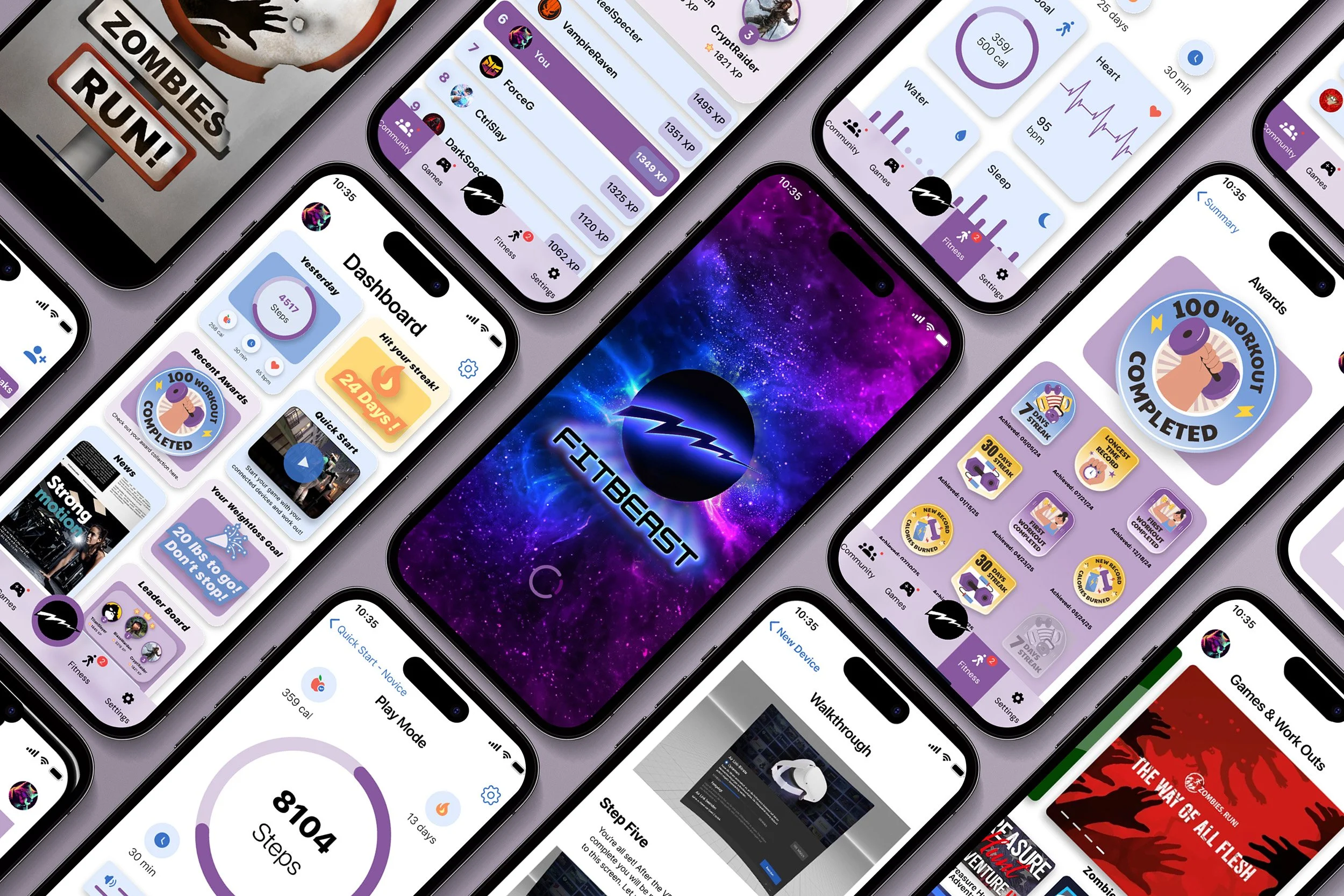 Multiple smartphones displaying various fitness and health tracking apps, with progress charts, achievement badges, exercise routines, and motivational messages. The screens feature vibrant colors and diverse interface designs related to fitness accomplishments.