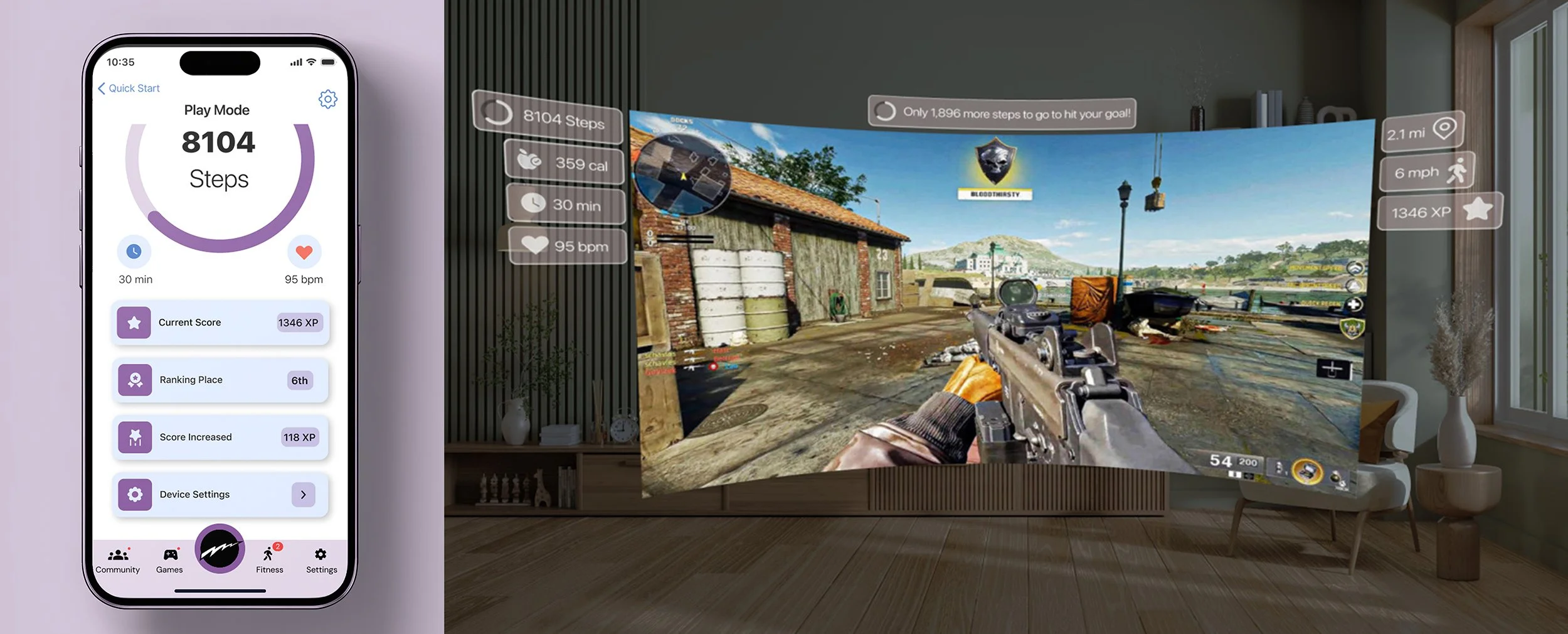 A picture of a smartphone app interface showing fitness stats and game progress next to a picture of a virtual reality gaming setup with a large curved screen displaying a first-person shooter game in a living room.