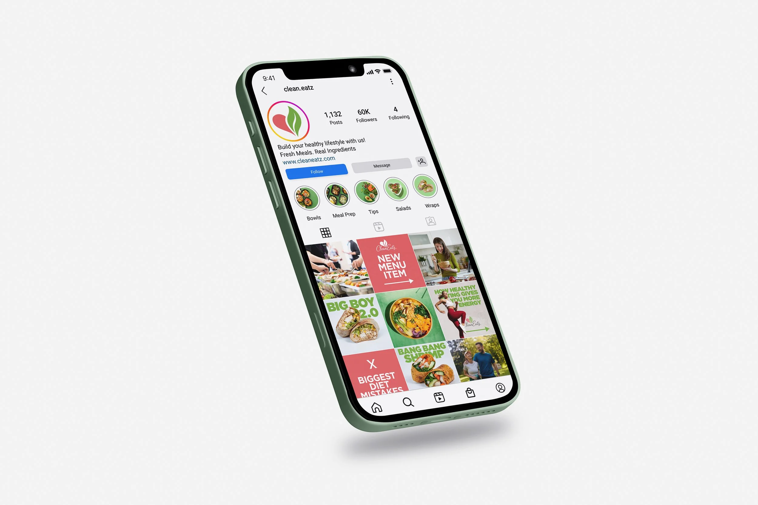 A smartphone displaying an Instagram profile for clean.eatz, a healthy eating brand, with various food-related posts and categories like bowls, meal prep, tips, salads, and wraps.