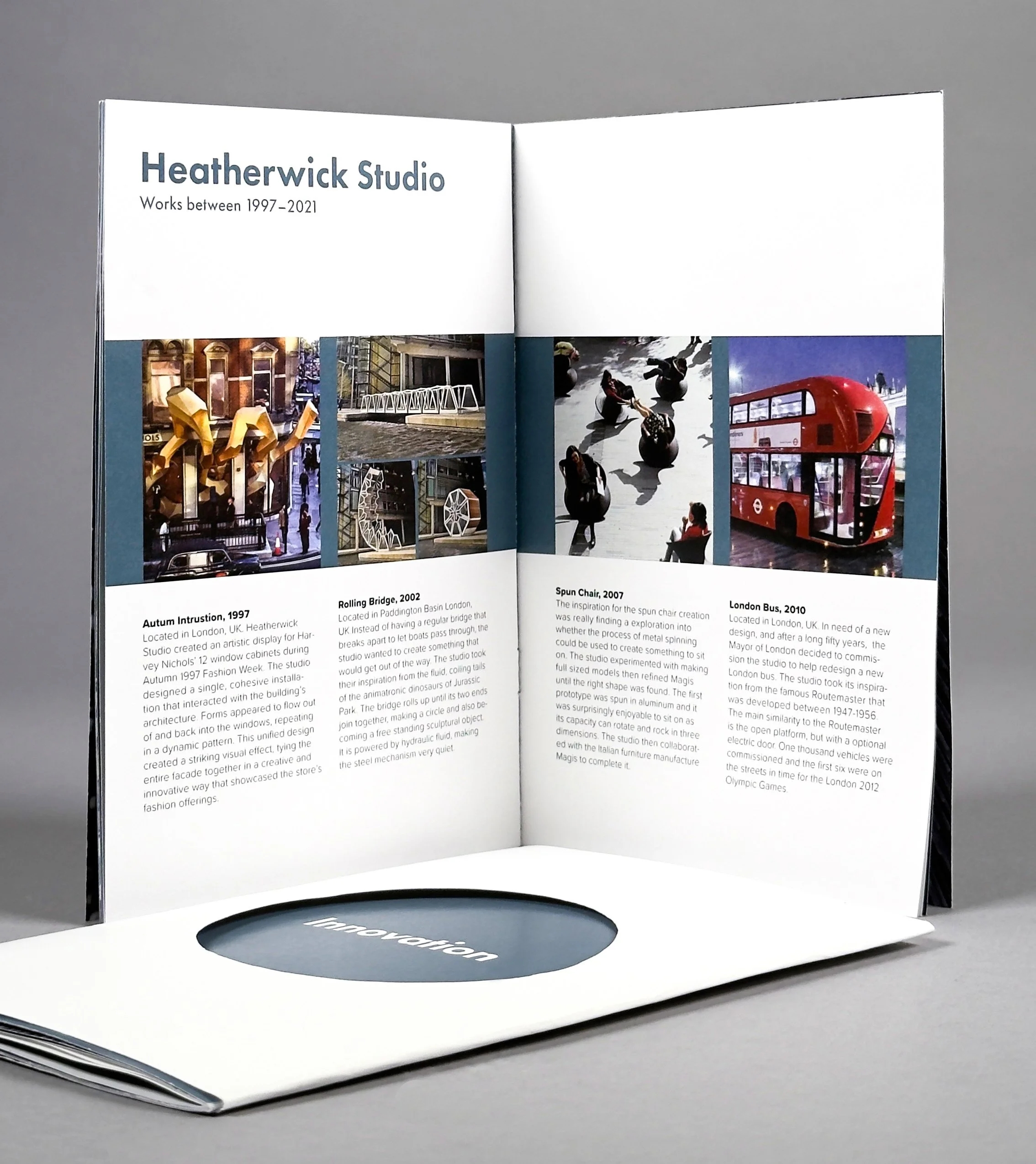 Open brochure displaying various interior and exterior architectural designs on two pages, with descriptions.