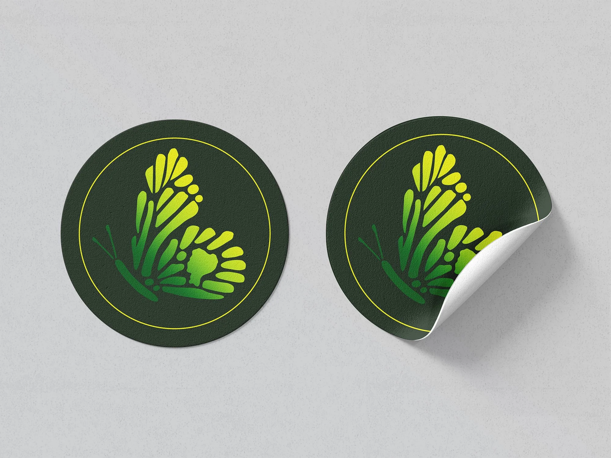 Two round black stickers with a green and yellow abstract plant butterfly-like design, one partially peeling off from a white surface.