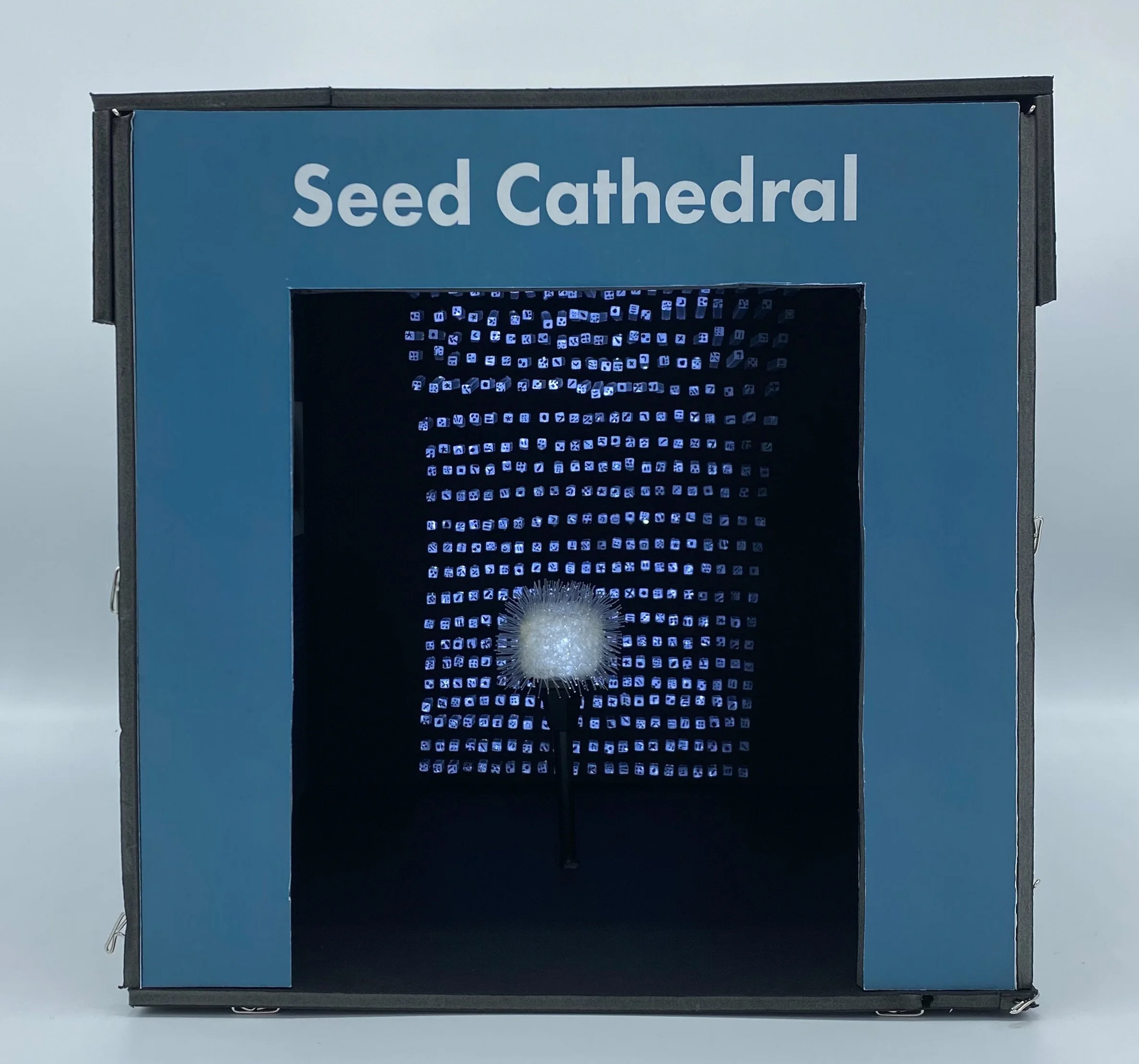 A house structure with a blue frame that reads 'Seed Cathedral' in white. The inside of the box displays glowing white dots in complete darkness while a medium sized dandelion-like structure glows white in the center of the structure.