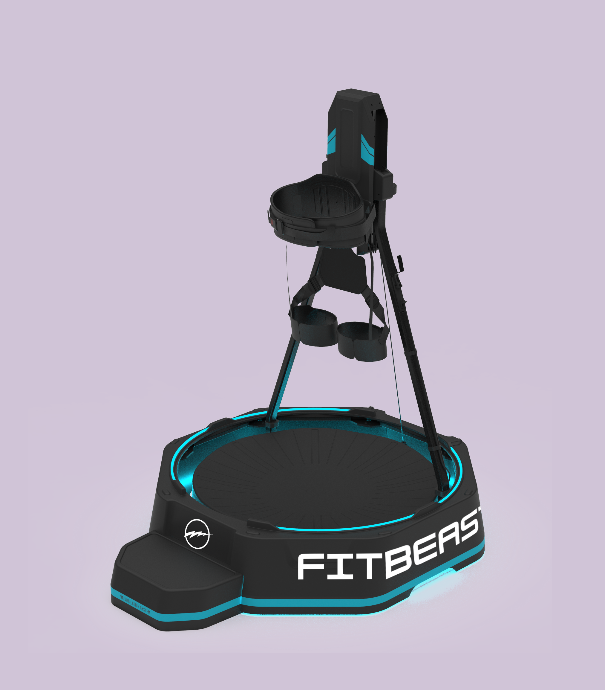 A black and blue virtual reality circular treadmill with the words "FITBEAST" on the side, a circular base with LED lighting, and a vertical support with a harness system for VR exercise.