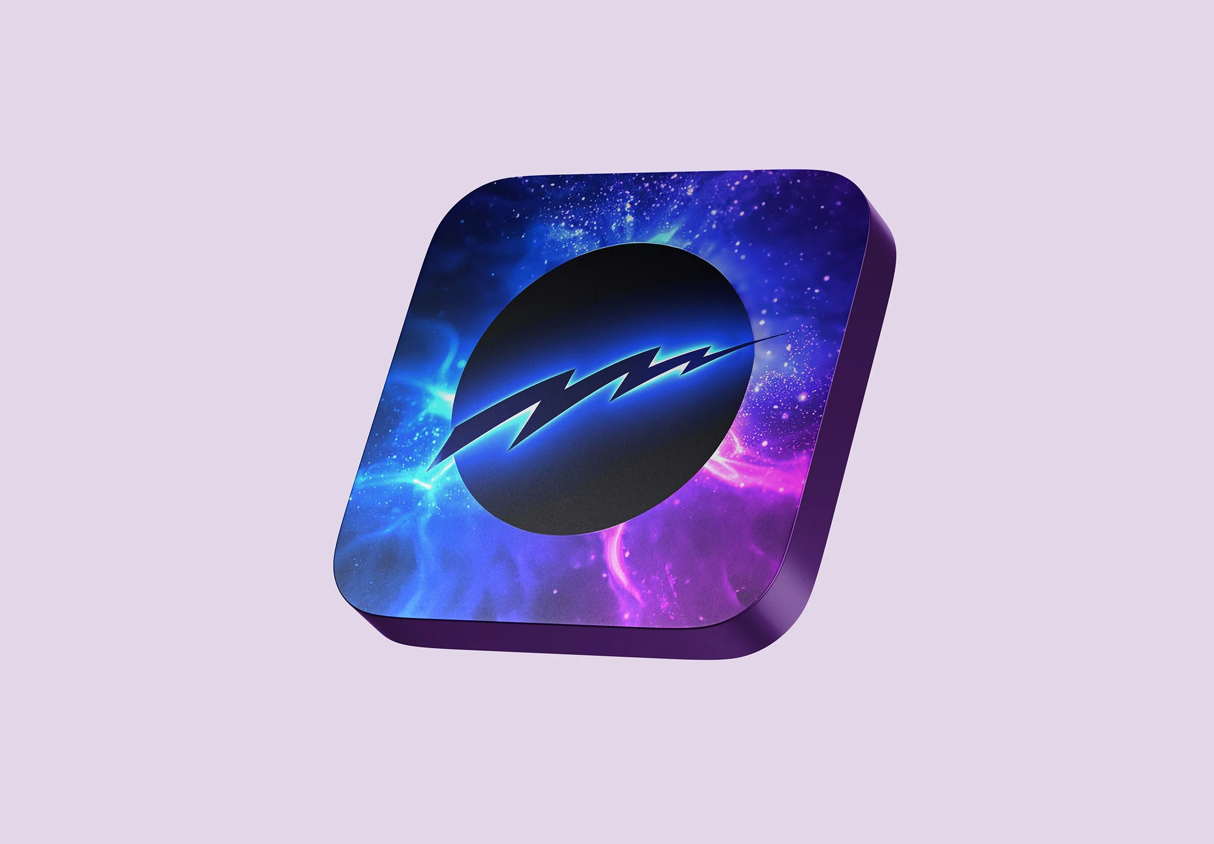 A rectangular 3D app icon with  a space-themed design featuring lightning bolts and a cosmic background in shades of purple, blue, and pink.