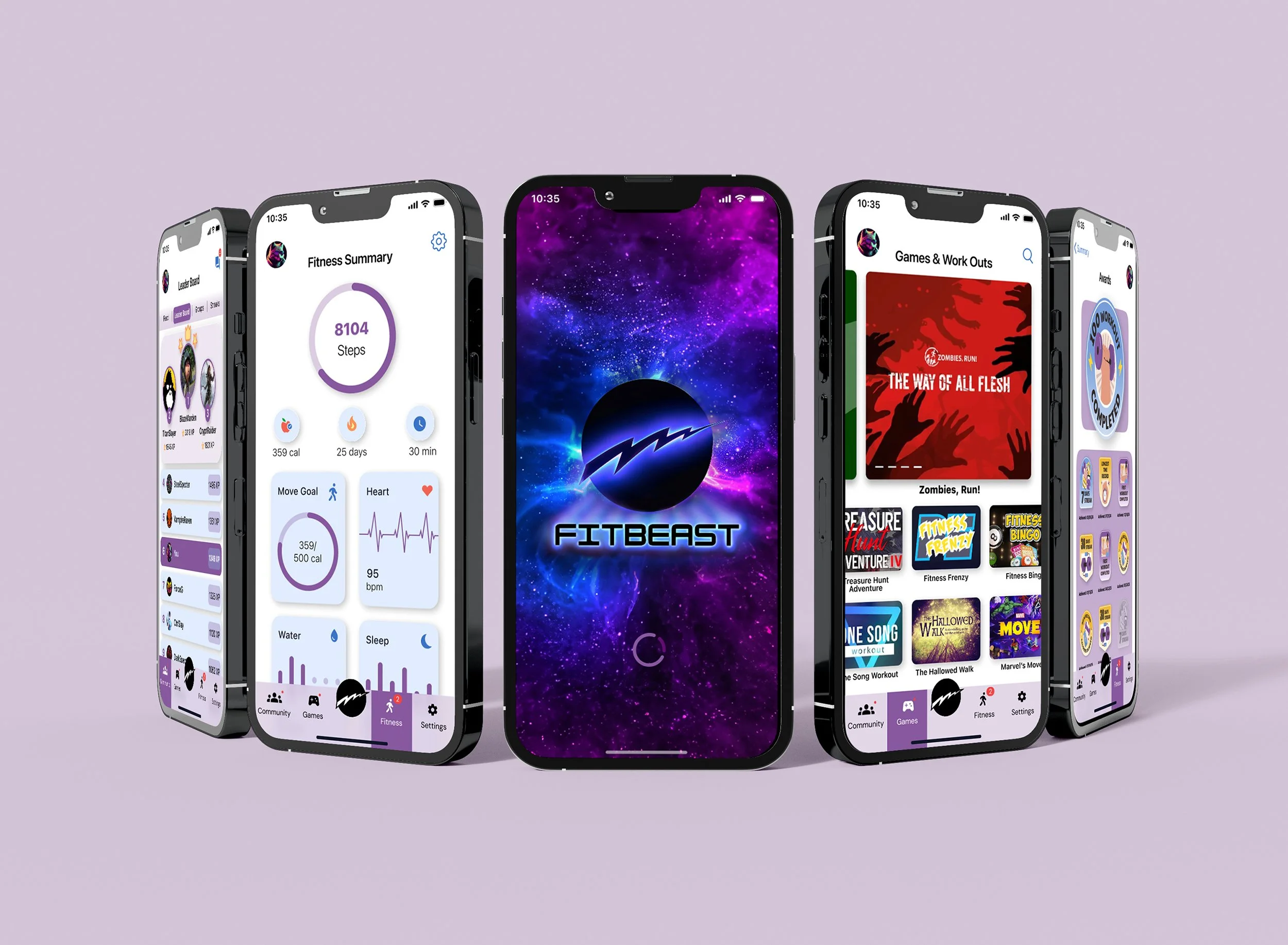 Multiple smartphones displaying various mobile app screens with fitness tracking, gaming, and entertainment content against a light purple background.