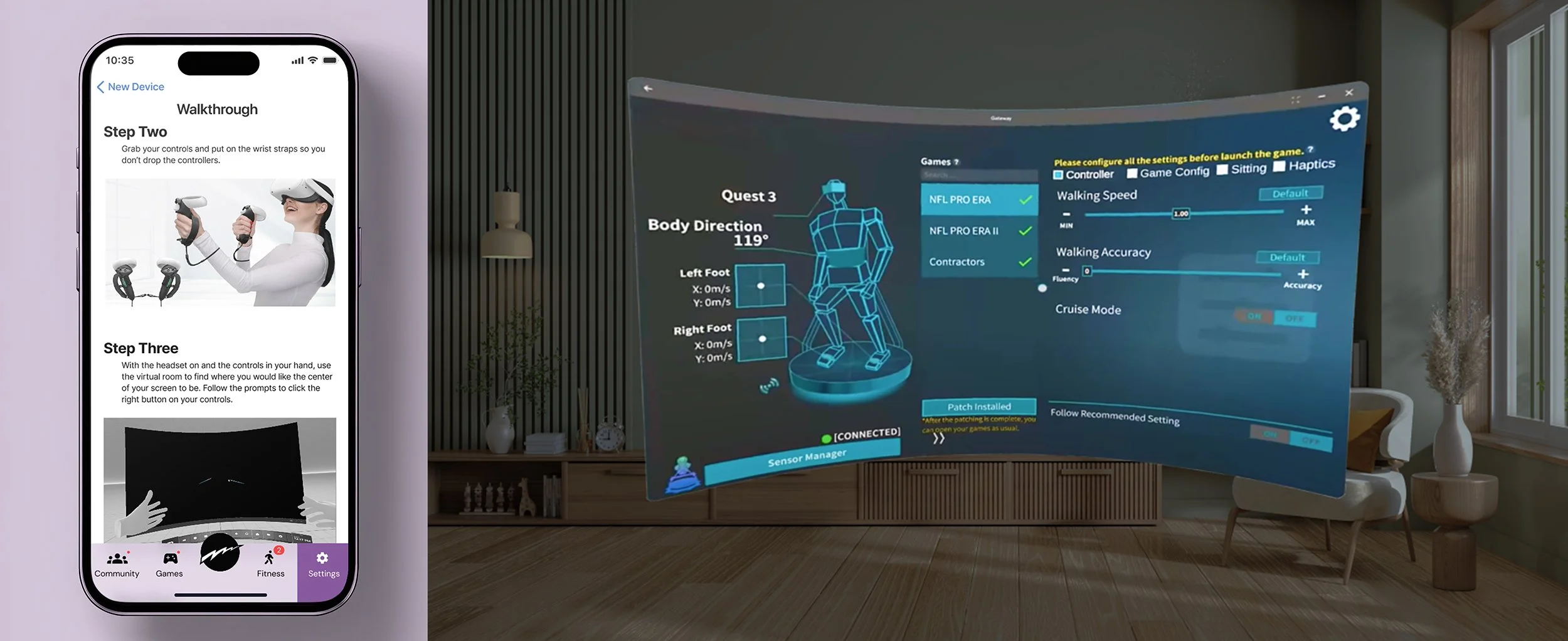 A picture of a smartphone displaying a user guide for virtual reality controls next to a picture of a curved screen showing a fitness game interface floating in living room showcasing the VR screen while in use.