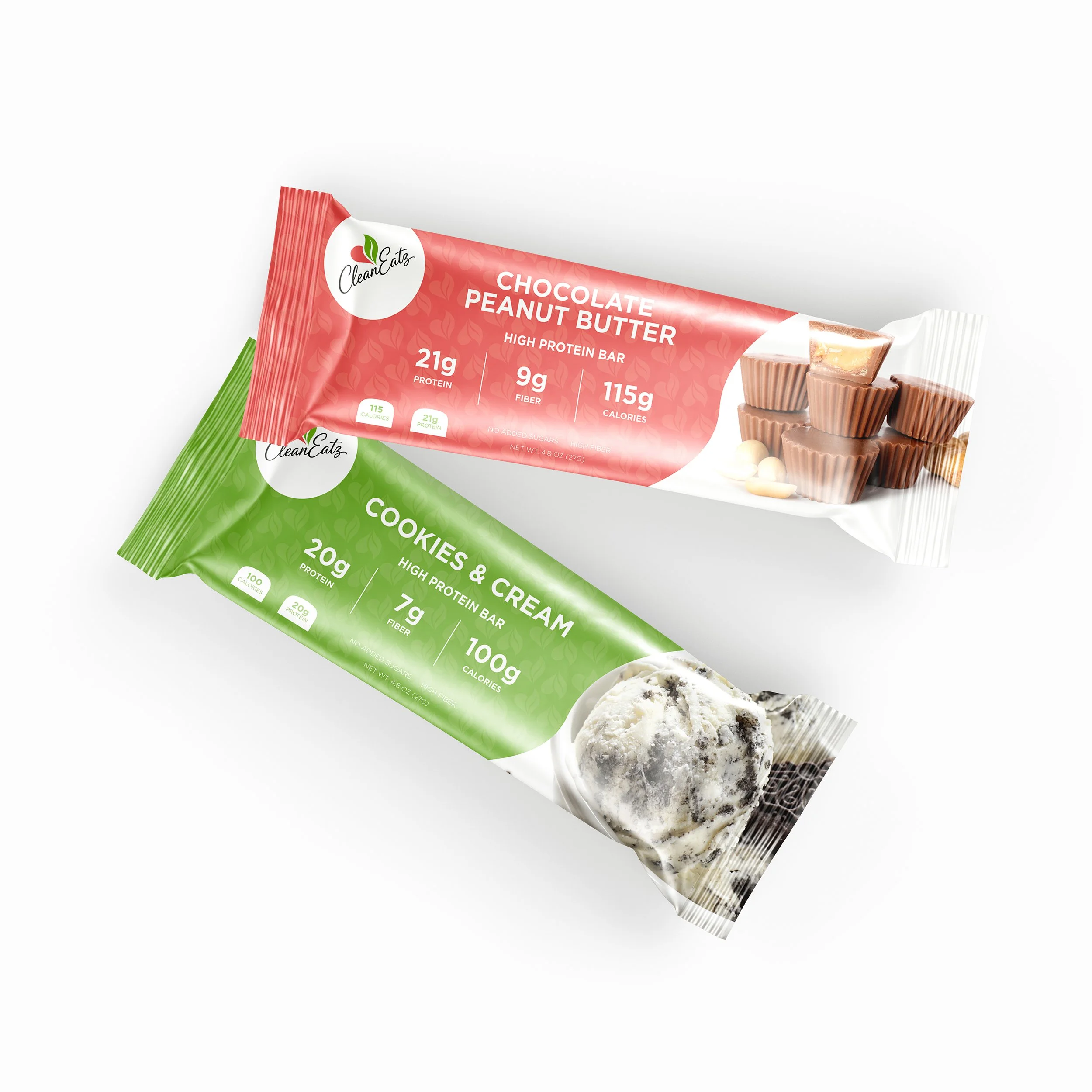 Two packages of CleanEatz protein Bars. One is a Chocolate Peanut Butter high protein bar and the other is Cookies & Cream flavored.