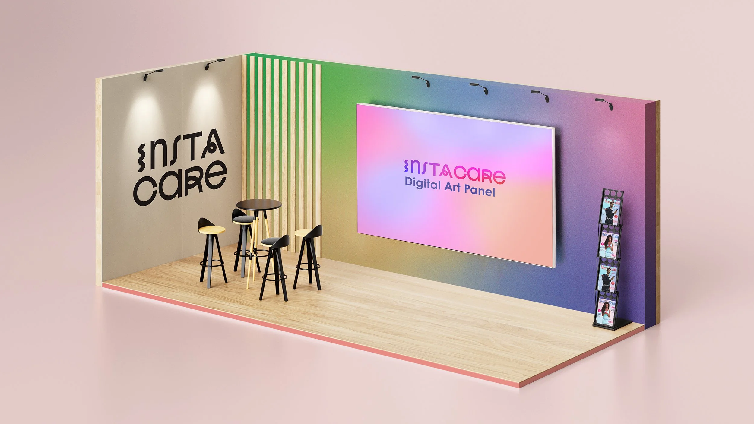 Colorful exhibition booth with a pink, green, blue, and purple gradient wall, displaying a large digital art panel that reads 'INSTACARE Digital Art Panel'. The booth has a small seating area with stools around a round table and a magazine rack.