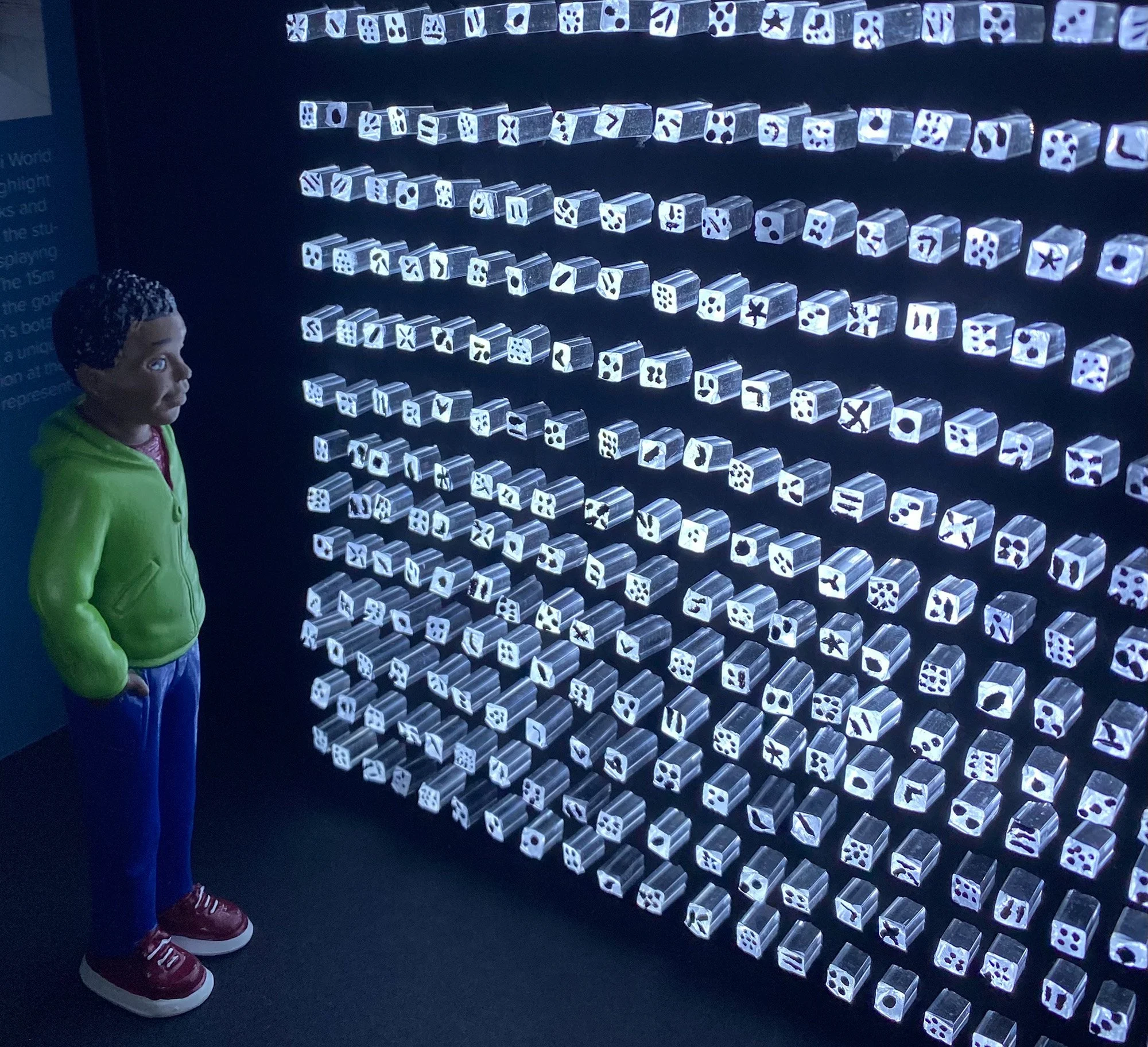 A young boy in a green hoodie and red sneakers stands in front of a display of illuminated square acrylic rods, each showing various numbers of seeds, arranged on multiple horizontal shelves.