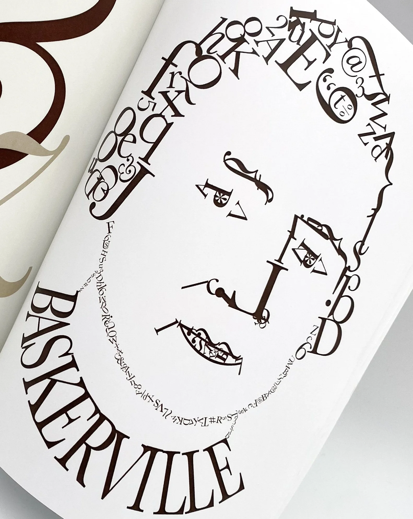 A close-up picture of John Baskerville made up of only letters, numbers and symbols from the Baskerville typeface.