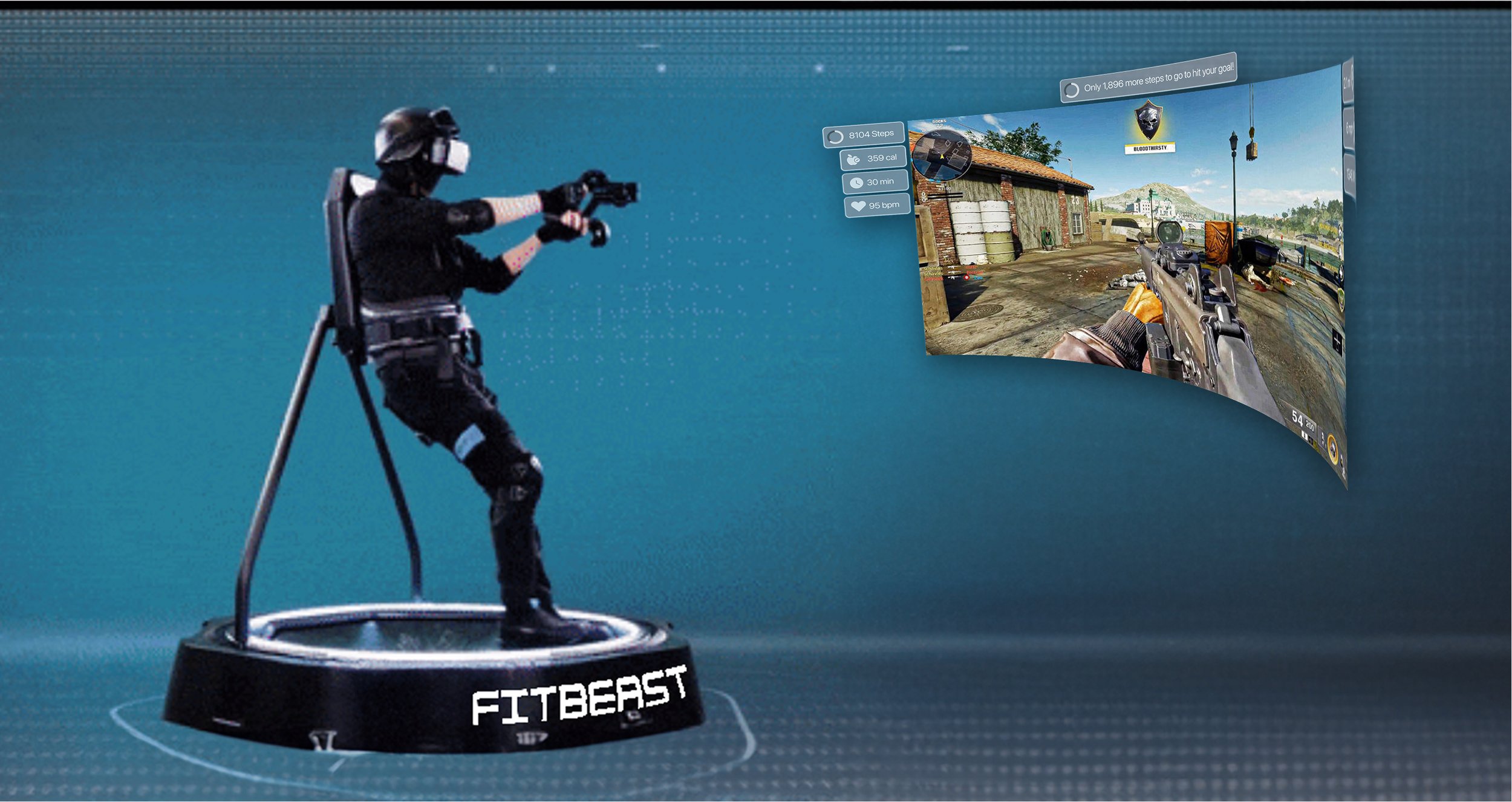 A futuristic virtual reality gaming scene with a person standing on a circular treadmill platform wearing a VR headset and gloves, facing a curved screen displaying a first-person shooter game in an outdoor environment with buildings and mountains.