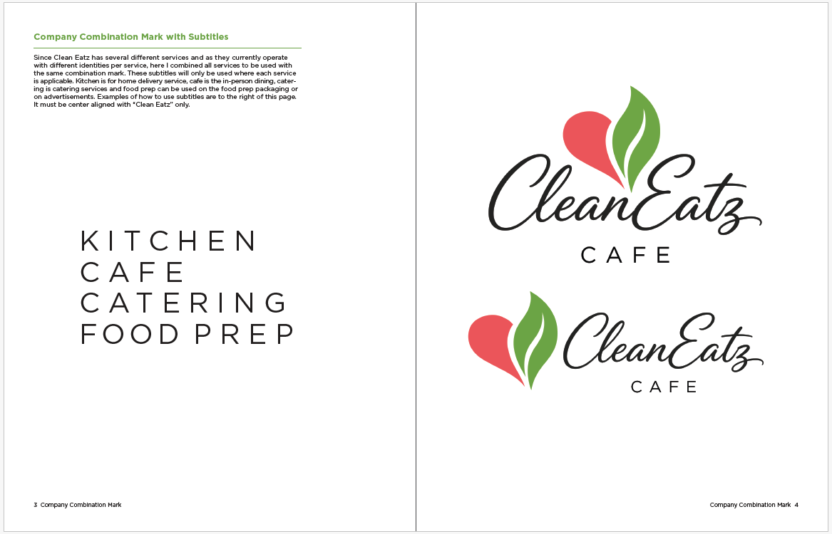 A spread of two pages that contain company names and services listed for CleanEatz, including kitchen, cafe, catering, and food prep. The second page contains two logo variations for CleanEatz Cafe, a stacked version and a horizontal version.