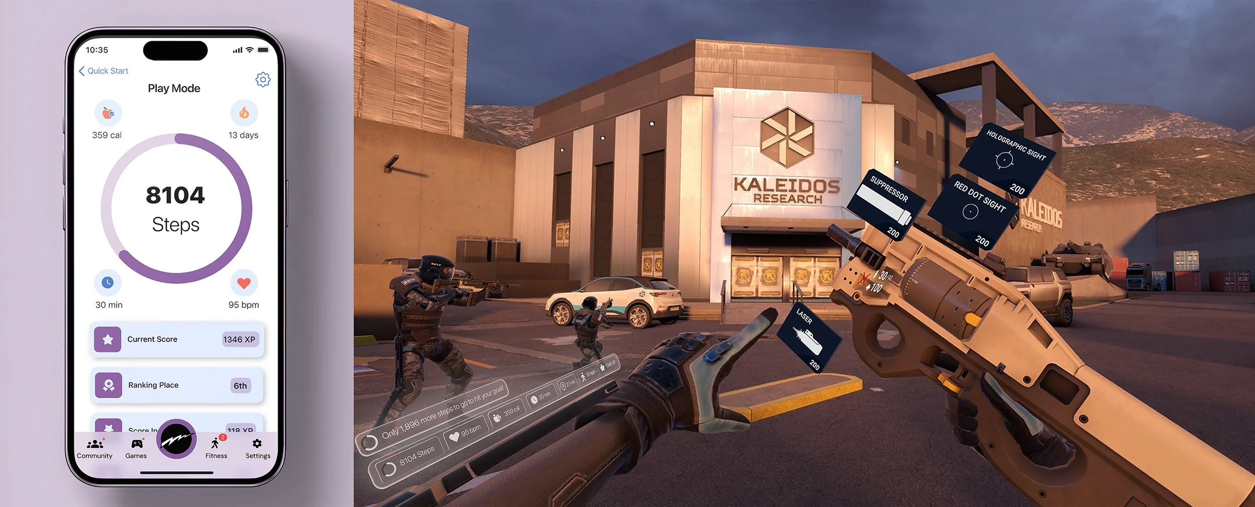 A picture of a smartphone showing 8,104 steps with various stats next to a picture of a  scene from a video game depicting soldiers aiming guns outside a building labeled 'Kaleidos Research', with the same stats from the phone is shown on the arm.