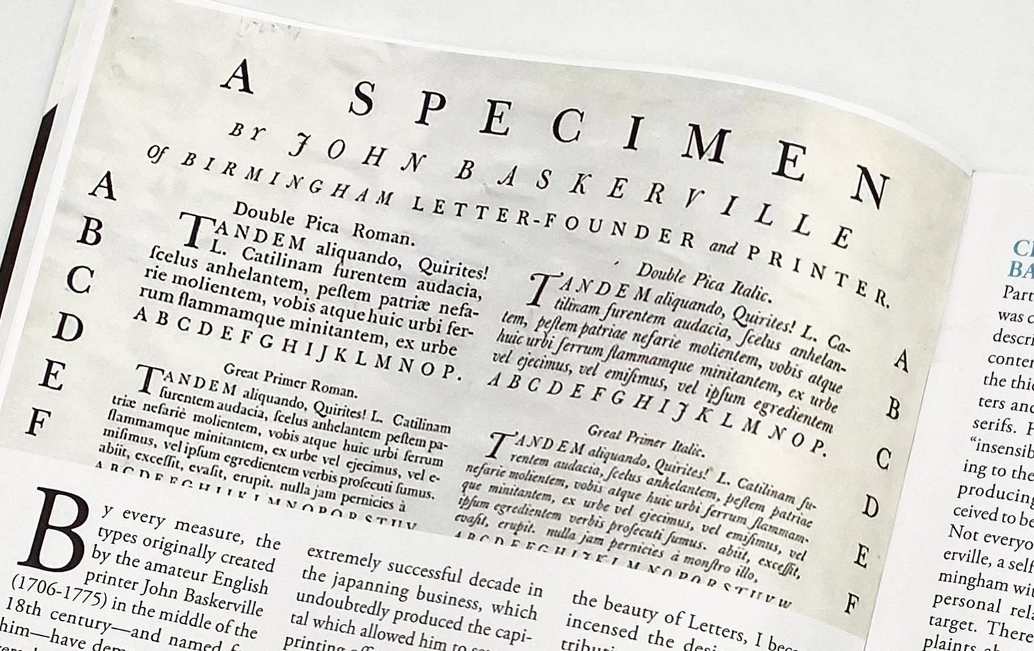 A printed page titled "A specimen by John Baskerville" discussing the history of typefaces, featuring examples of letterforms like Double Pica Roman, Italic, and Great Primer Roman, with large bold headings and smaller descriptive text.
