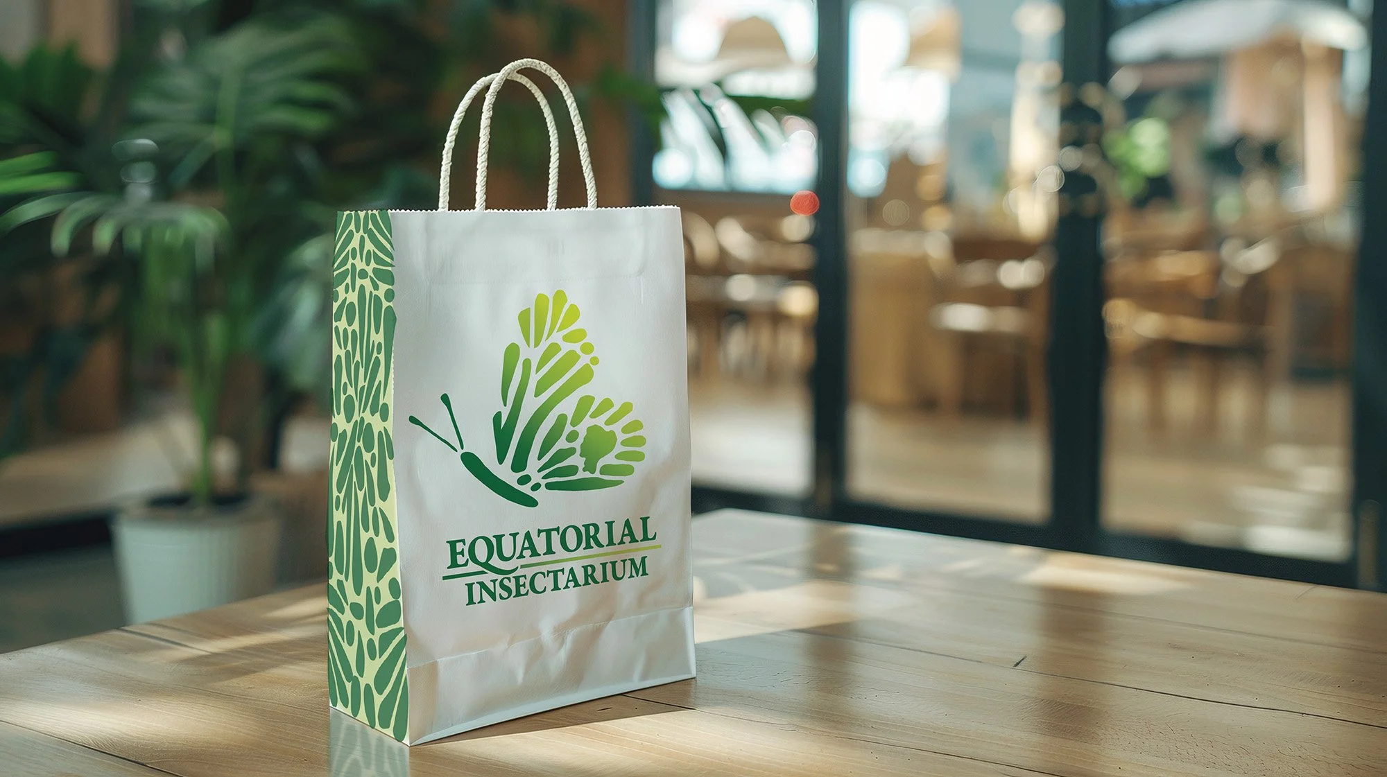 A white paper shopping bag with green leaf designs and the text "EQUATORIAL INSECTARIUM" on it, placed on a wooden table inside a room with plants and large windows.