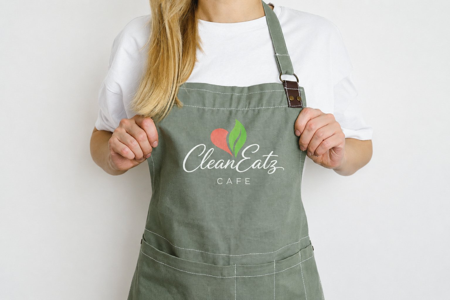 Person wearing a green apron with the logo "CleanEatz Cafe" and holding the apron with both hands.