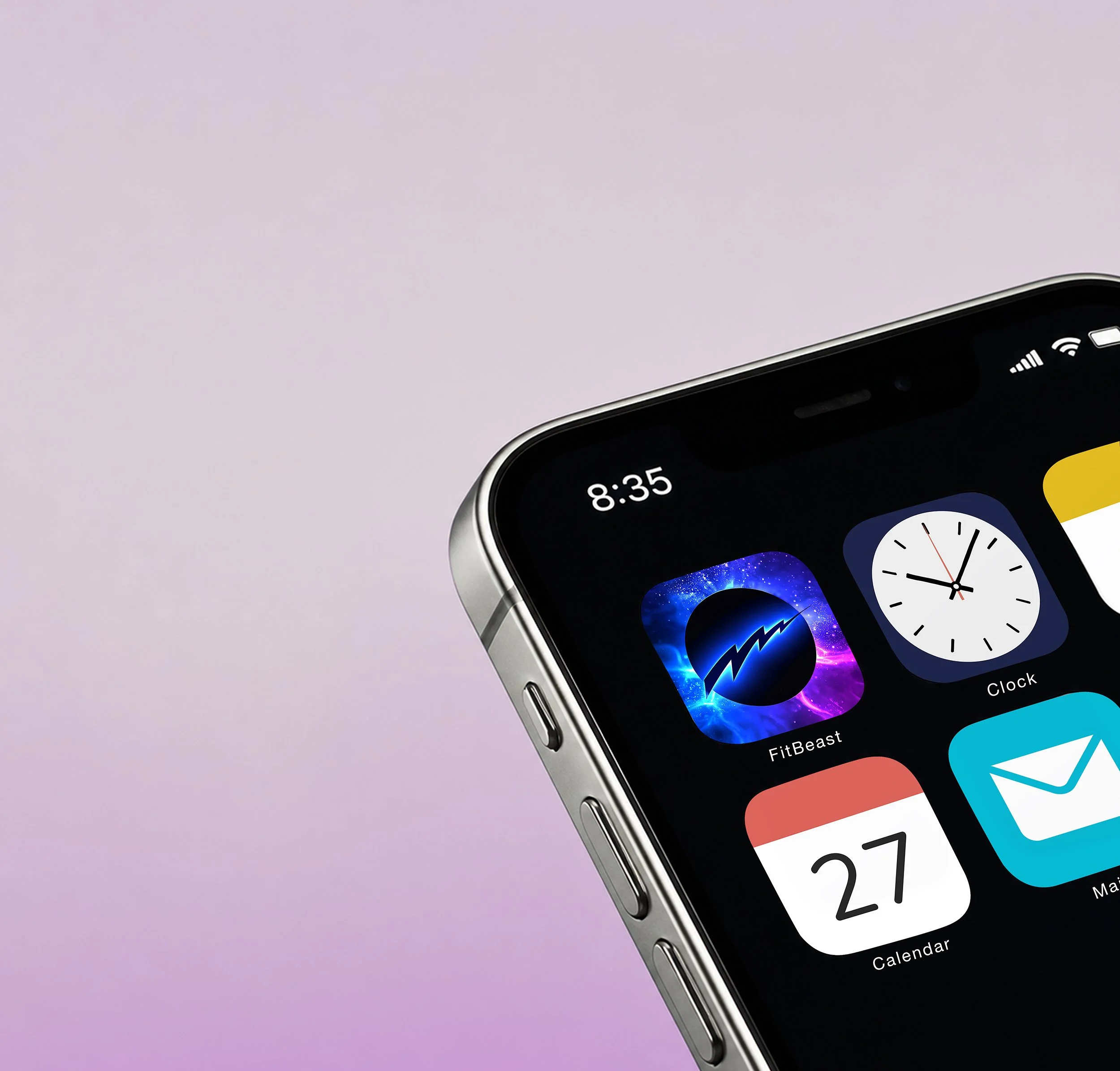 Close-up of a smartphone's top part, showing app icons including a clock, FitBeast, Calendar, and Mail. The phone has a silver edge and is placed on a plain, light-colored purple background.