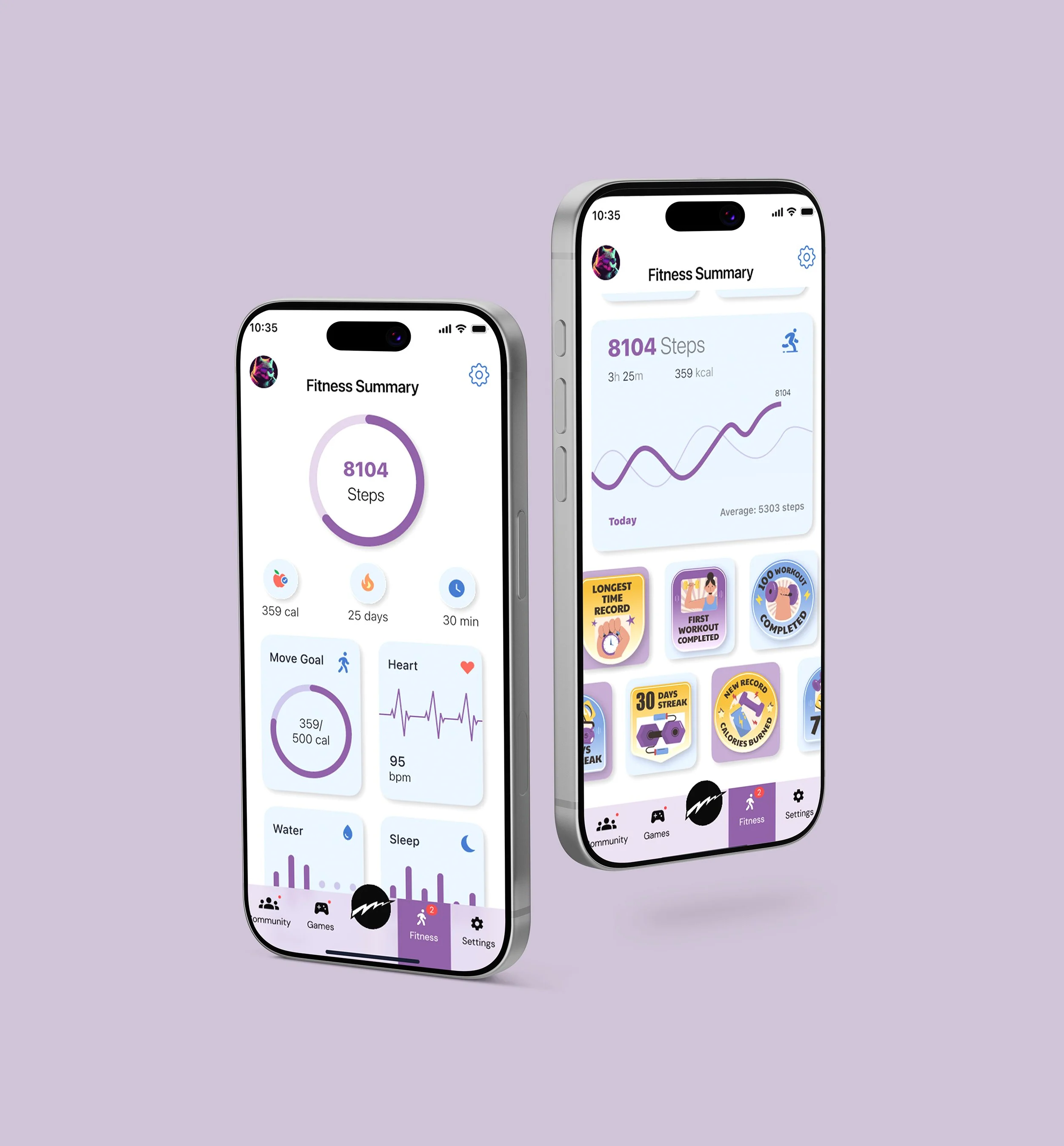 Two smartphones displaying fitness tracking app screens with step counts, activity data, and motivational icons, set against a light purple background.